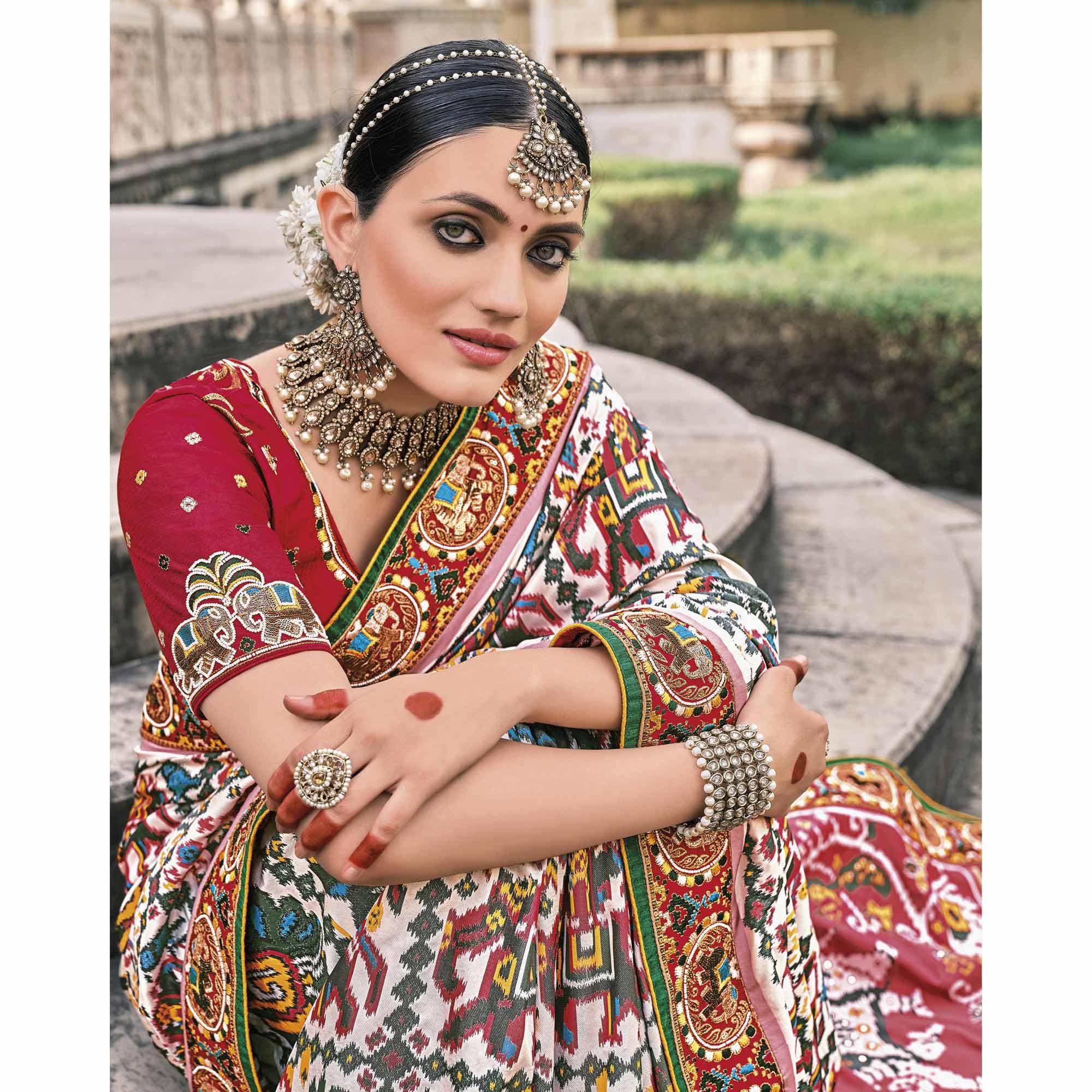 White Festive Wear Plain & Hand Work  Pure Silk Saree - Peachmode