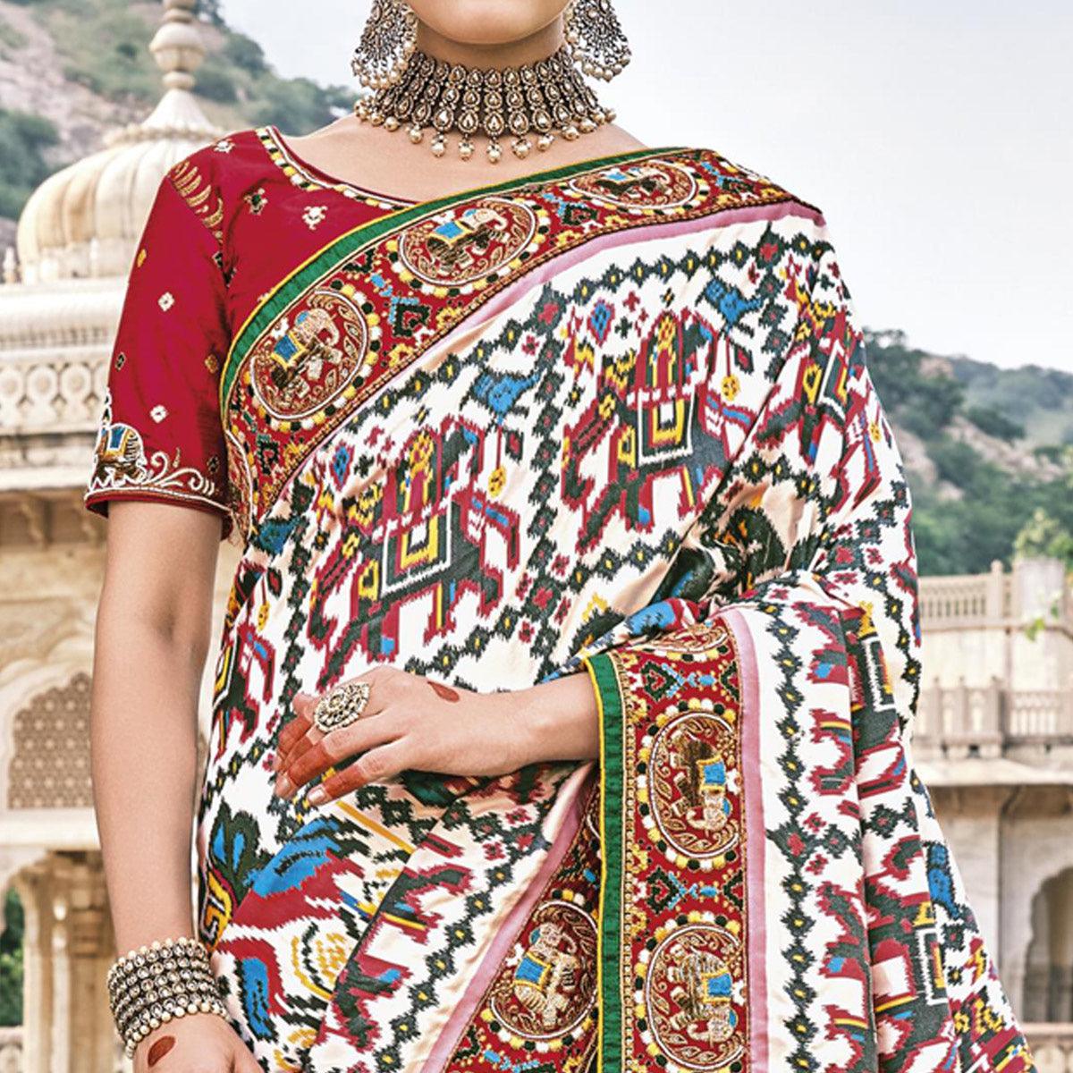 White Festive Wear Plain & Hand Work  Pure Silk Saree - Peachmode