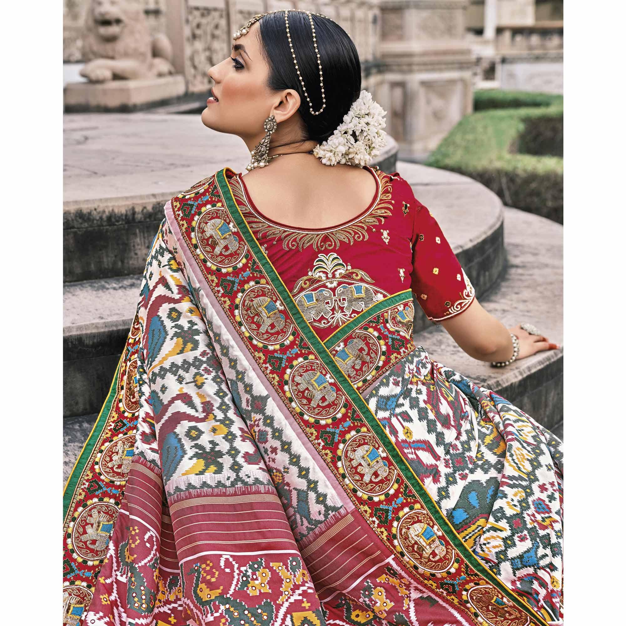 White Festive Wear Plain & Hand Work  Pure Silk Saree - Peachmode
