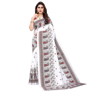 White Festive Wear Printed Cotton Silk Saree - Peachmode