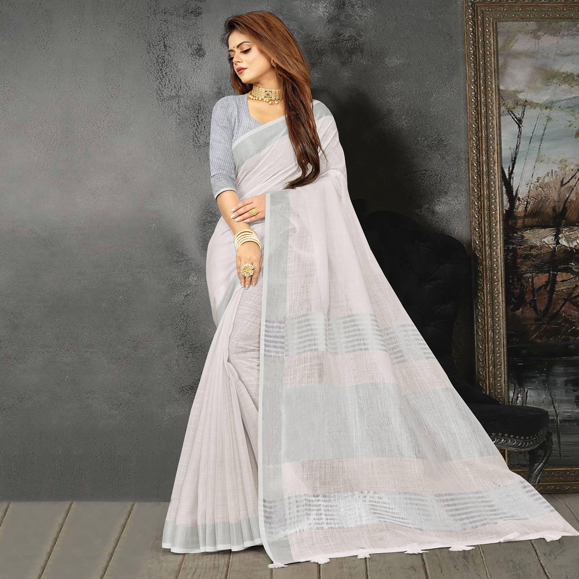 White Festive Wear Solid Linen Saree - Peachmode