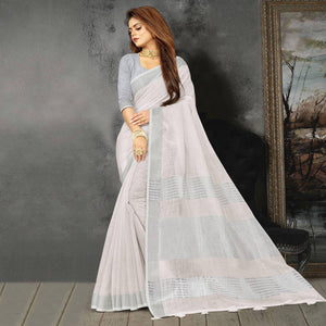 White Festive Wear Solid Linen Saree - Peachmode