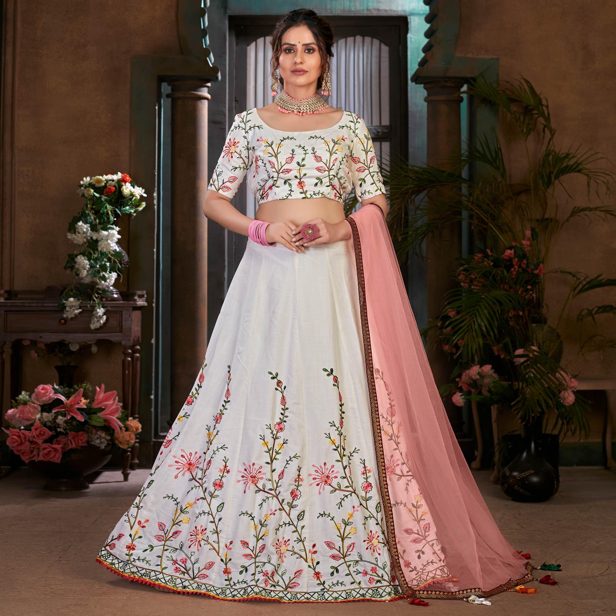 White Festive Wear Thread Floral Embroidered Cotton Lehenga Choli - Peachmode