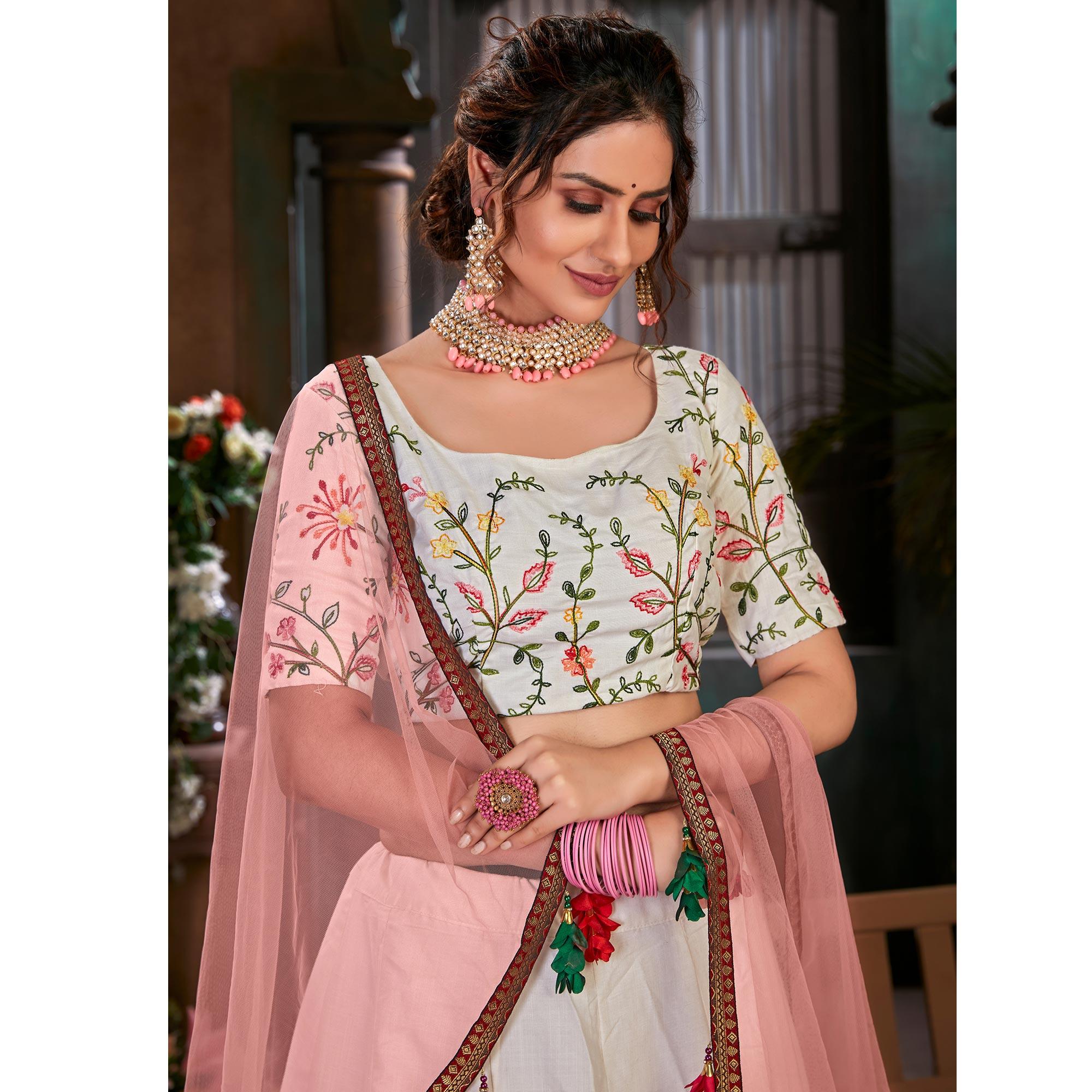 White Festive Wear Thread Floral Embroidered Cotton Lehenga Choli - Peachmode