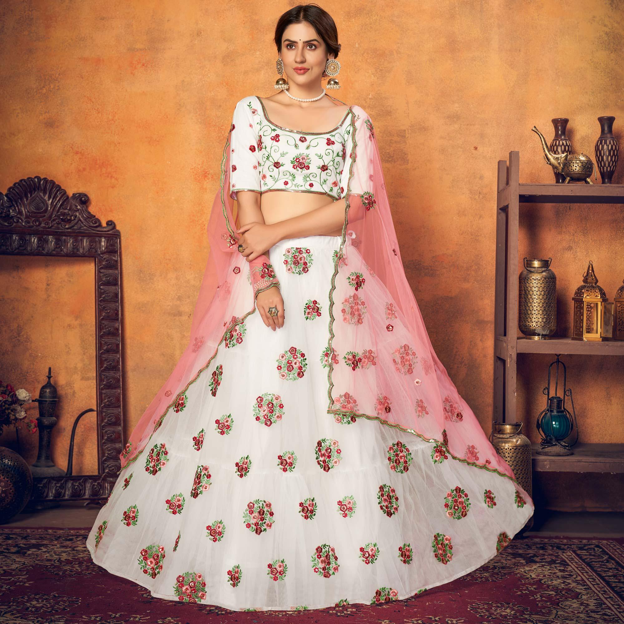 White Festive Wear Thread With Floral Sequence Embroidered Net Lehenga Choli - Peachmode