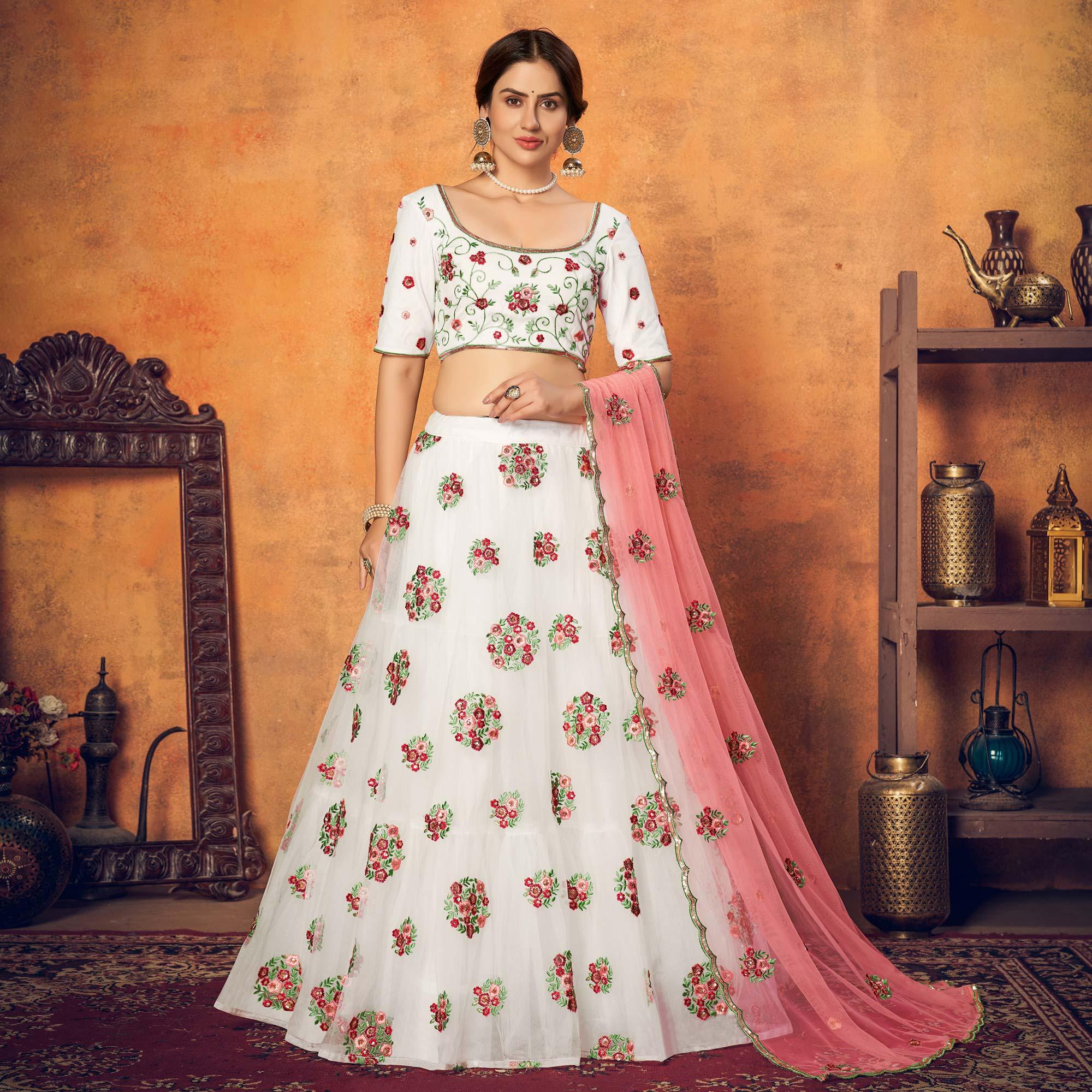White Festive Wear Thread With Floral Sequence Embroidered Net Lehenga Choli - Peachmode