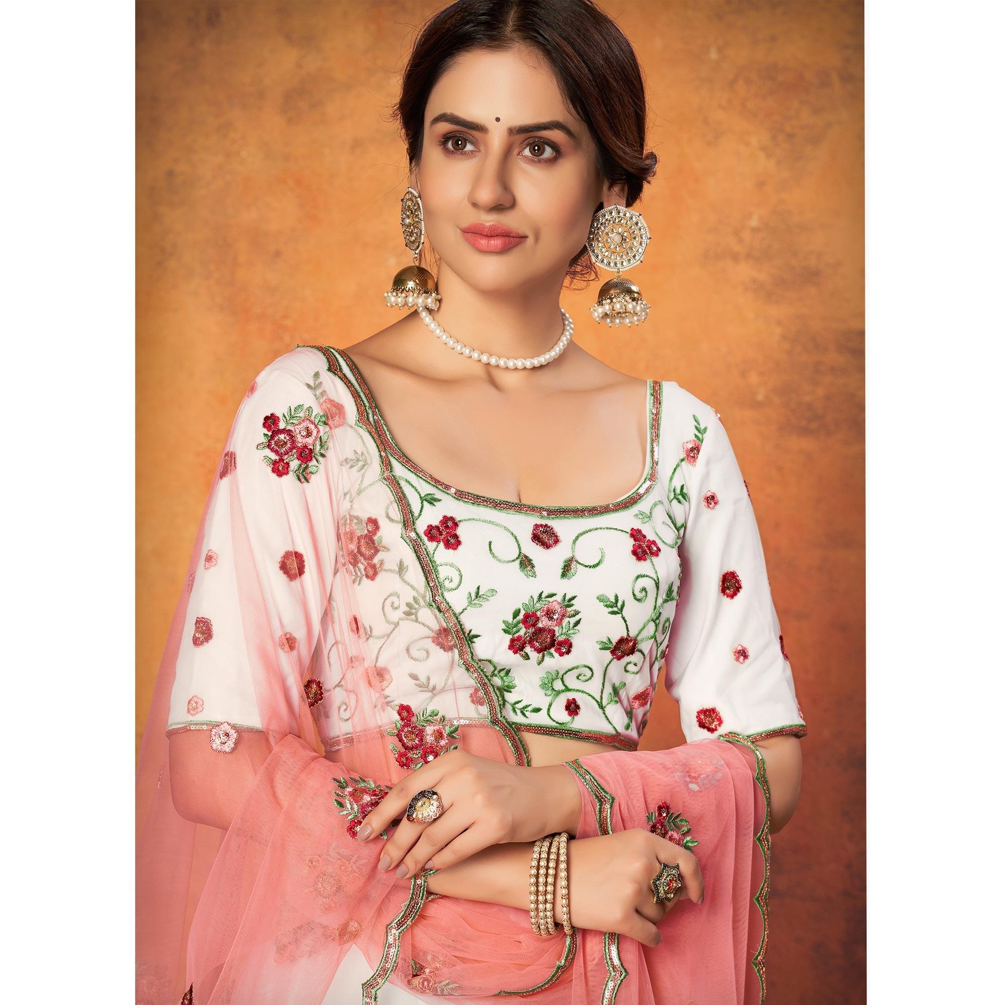 White Festive Wear Thread With Floral Sequence Embroidered Net Lehenga Choli - Peachmode
