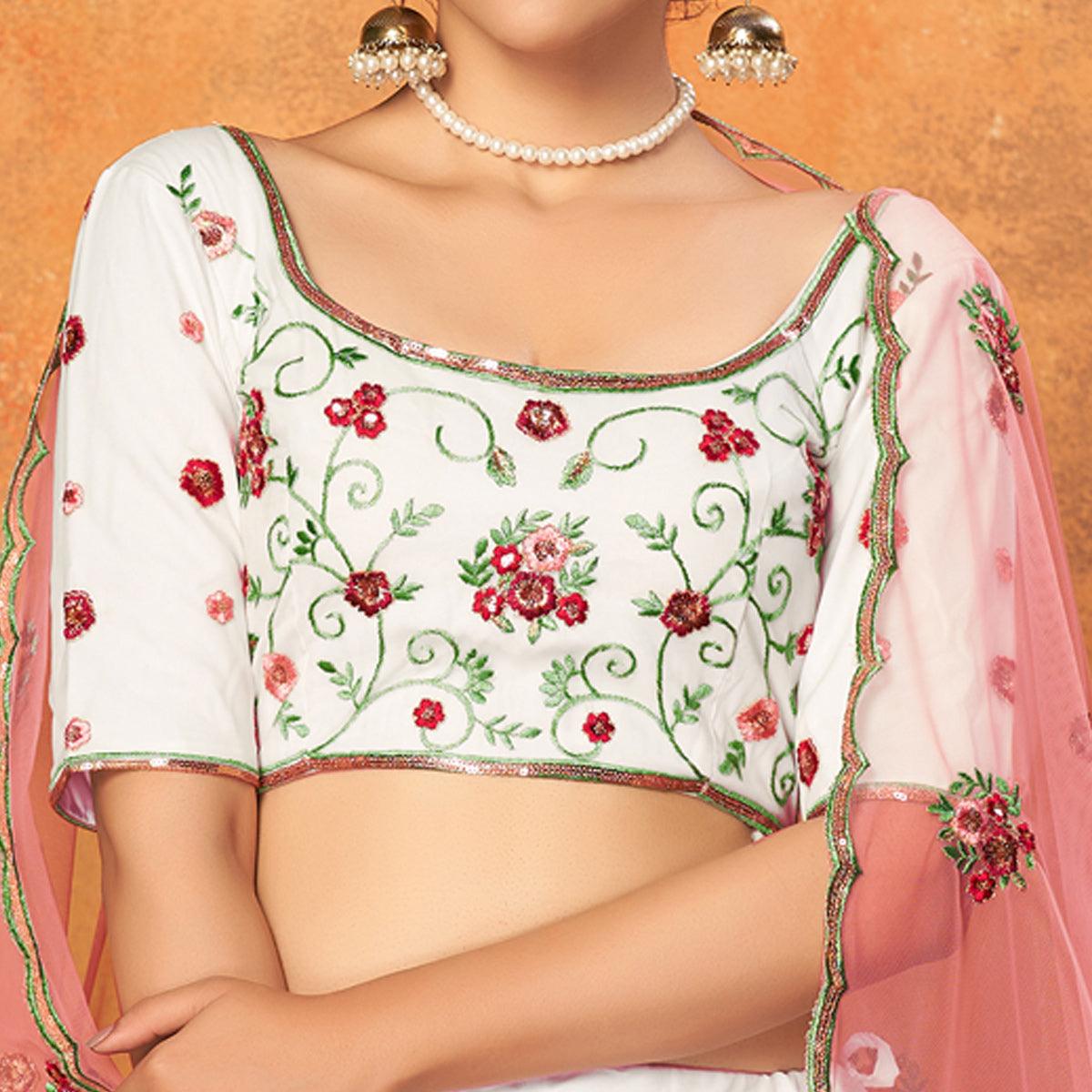 White Festive Wear Thread With Floral Sequence Embroidered Net Lehenga Choli - Peachmode