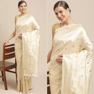 White Festive Wear Weaving Kanjivaram Silk Saree - Peachmode