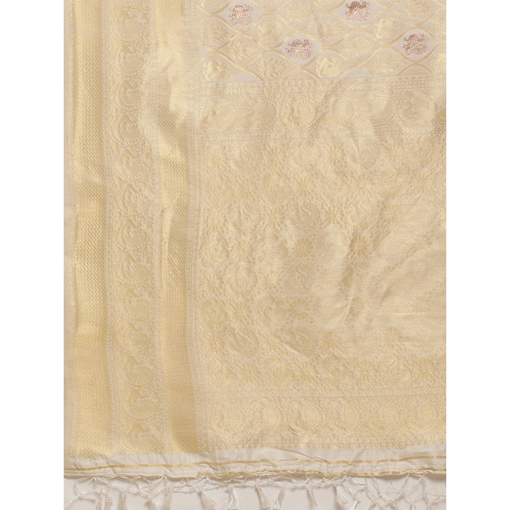 White Festive Wear Weaving Kanjivaram Silk Saree - Peachmode