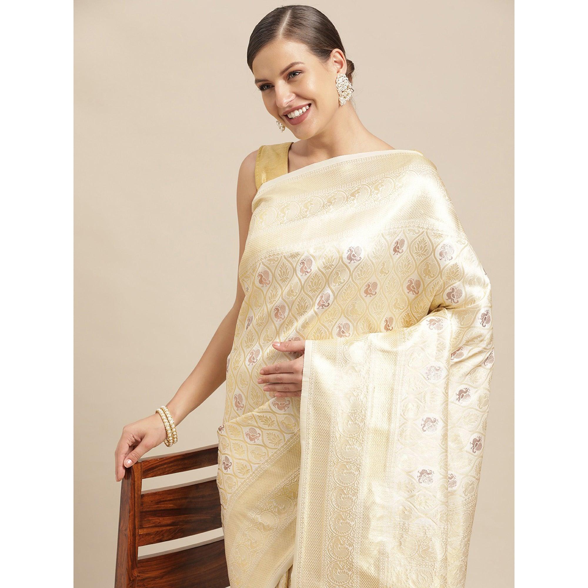 White Festive Wear Weaving Kanjivaram Silk Saree - Peachmode