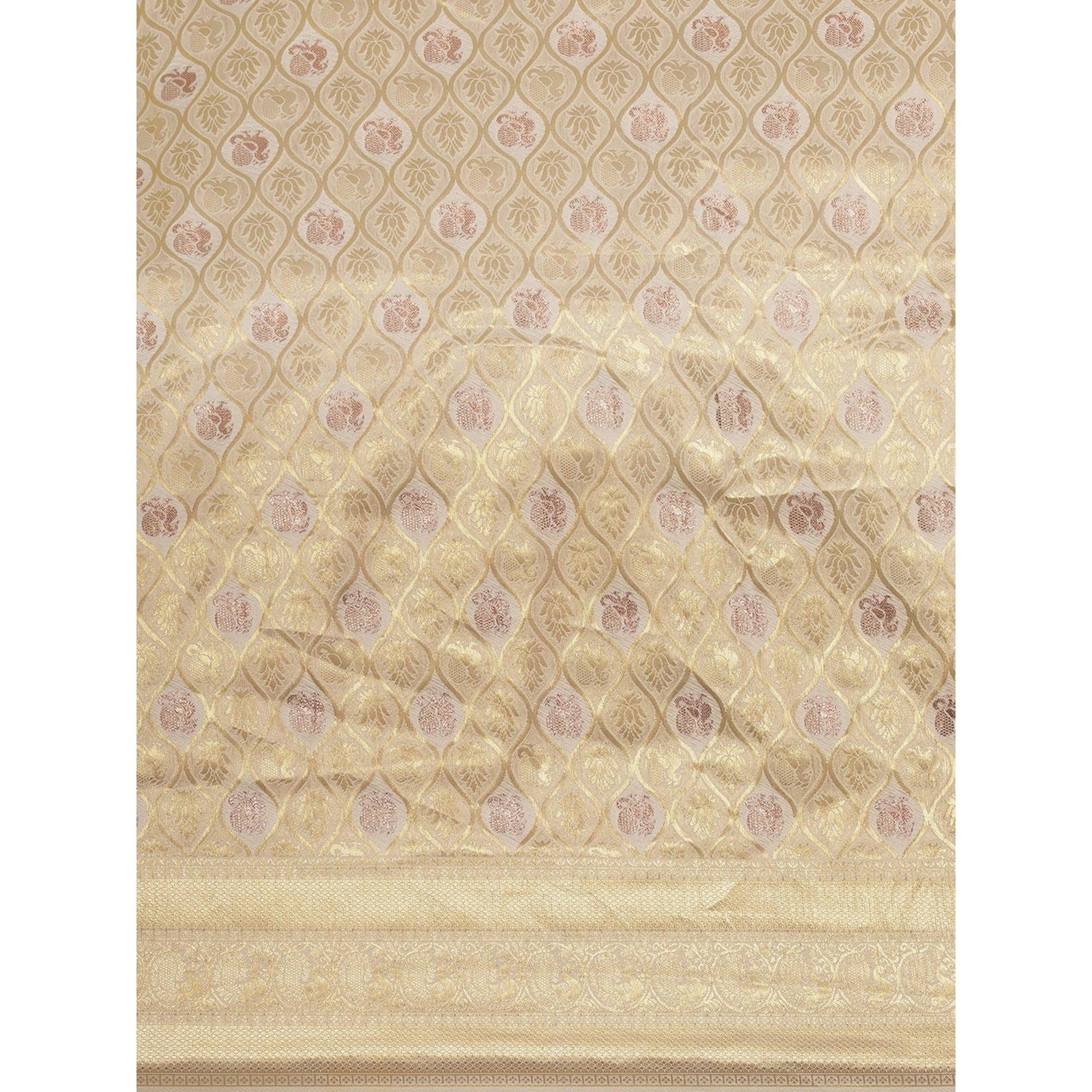 White Festive Wear Weaving Kanjivaram Silk Saree - Peachmode