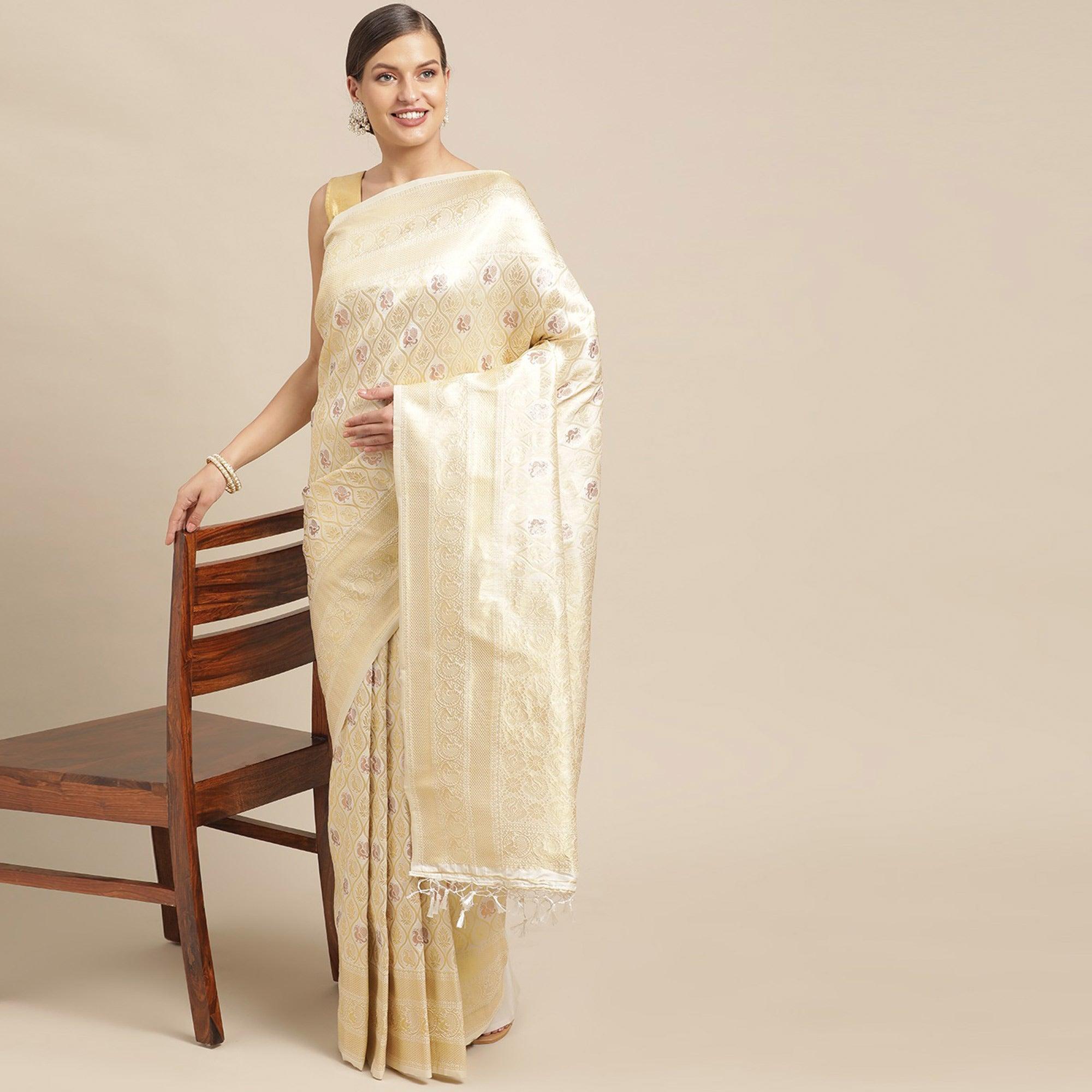 White Festive Wear Weaving Kanjivaram Silk Saree - Peachmode