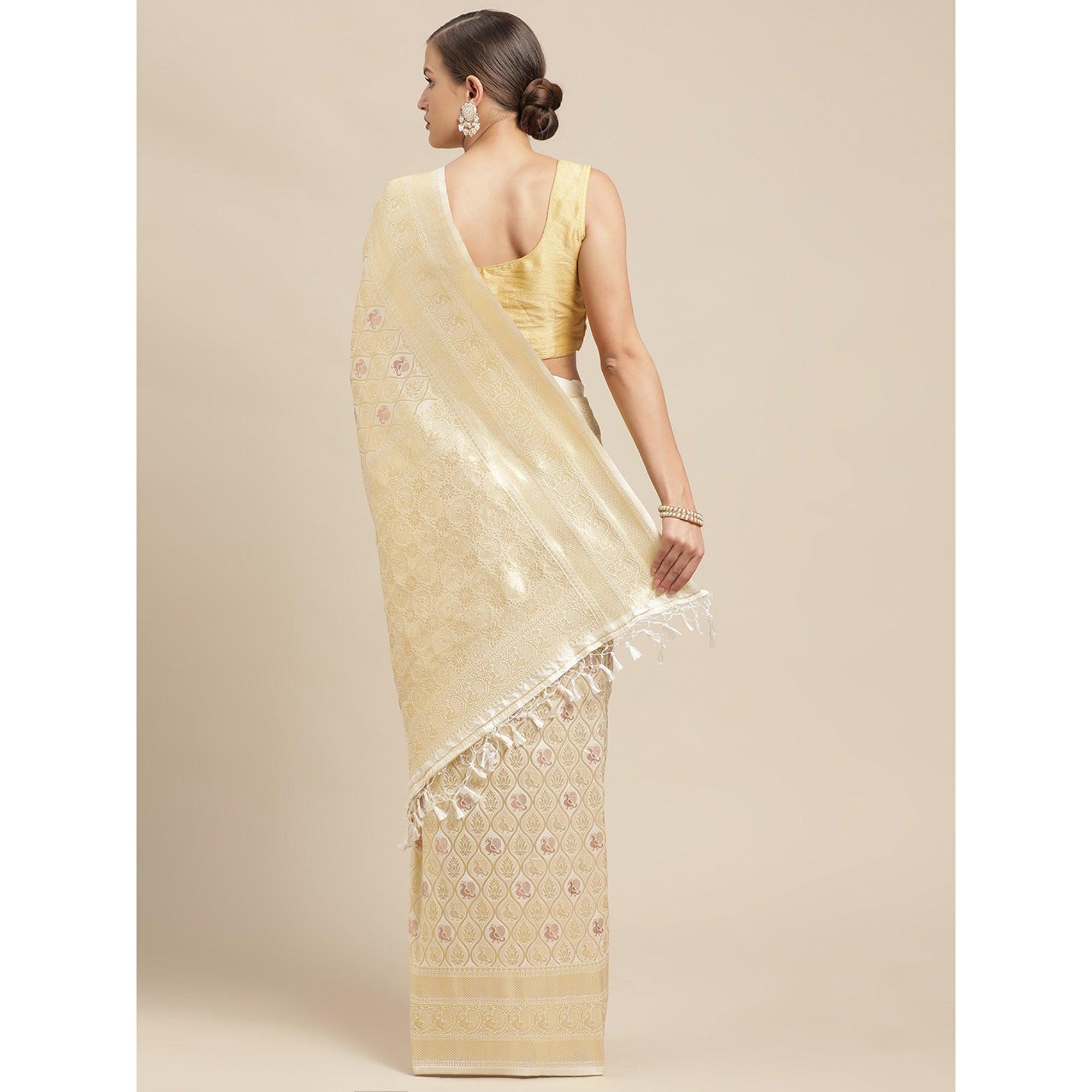 White Festive Wear Weaving Kanjivaram Silk Saree - Peachmode