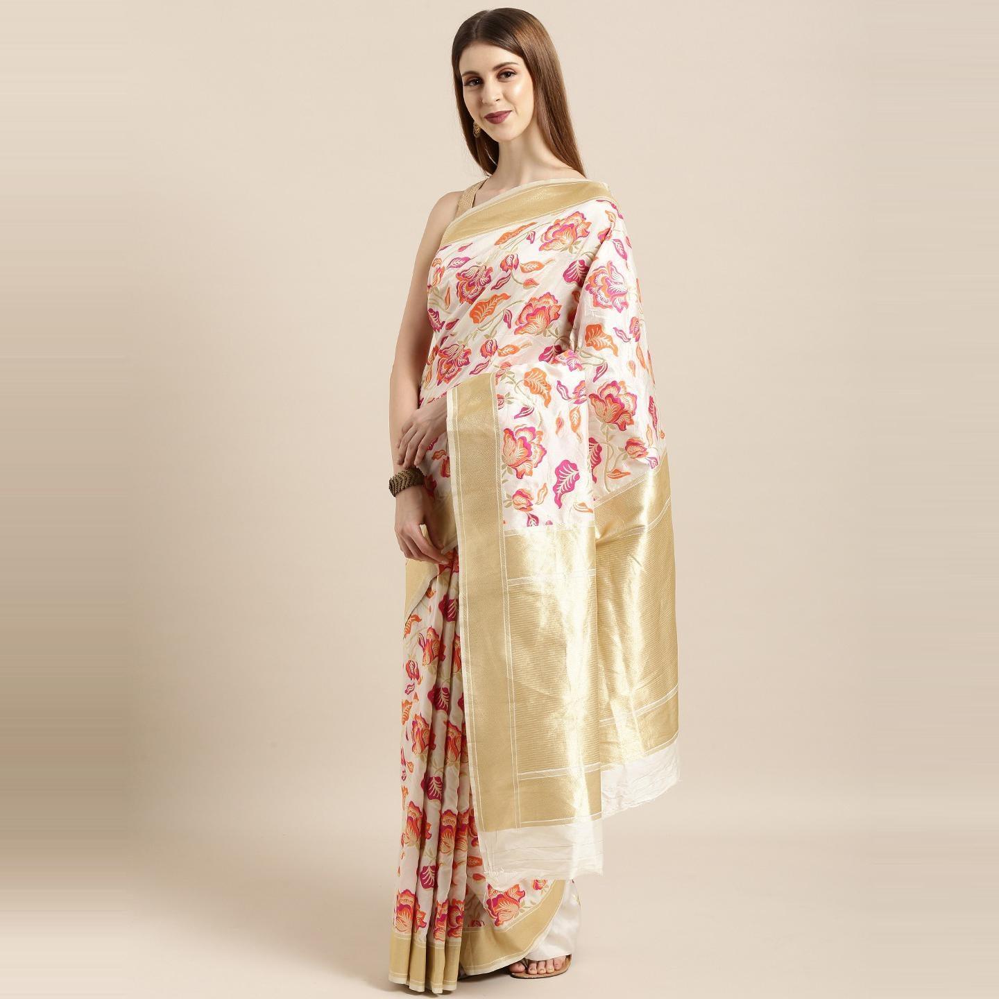 White Festive Wear Woven Kanjivaram Silk Saree - Peachmode