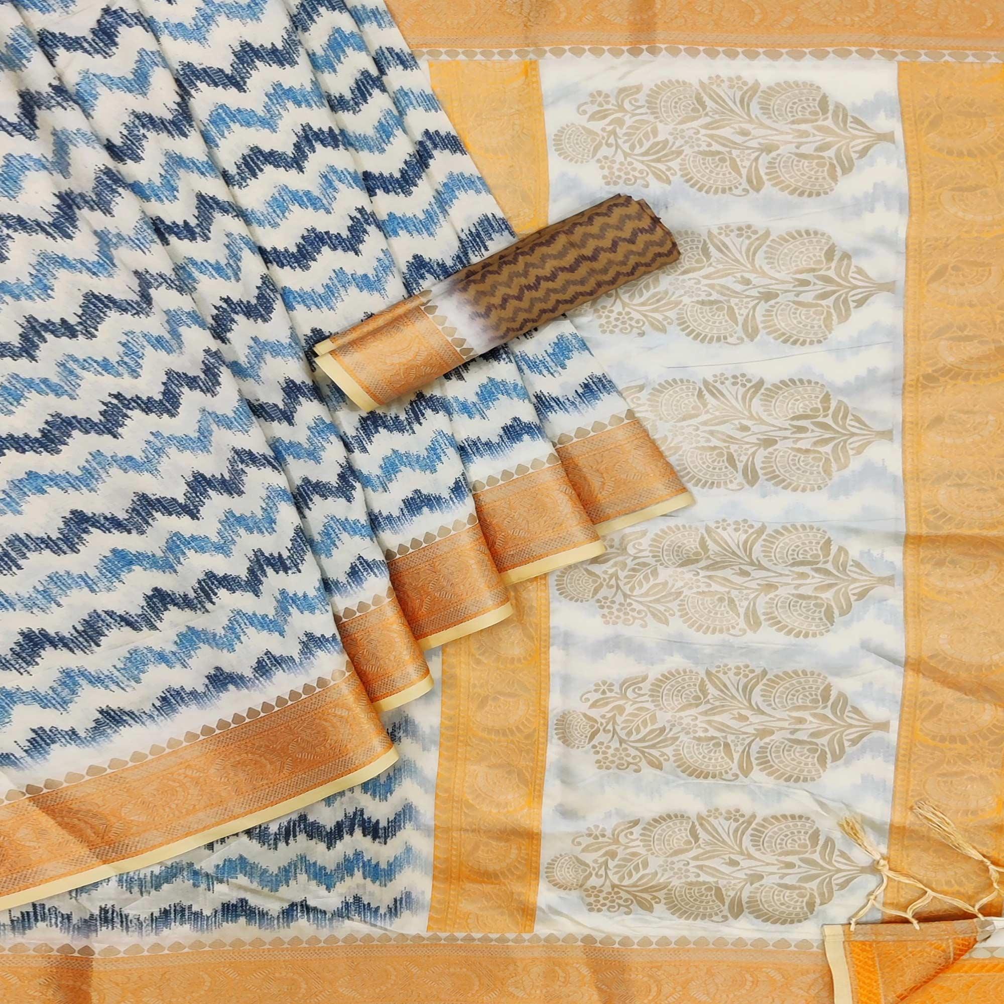 White Festive Wear Woven With Digital Printed Silk Saree - Peachmode