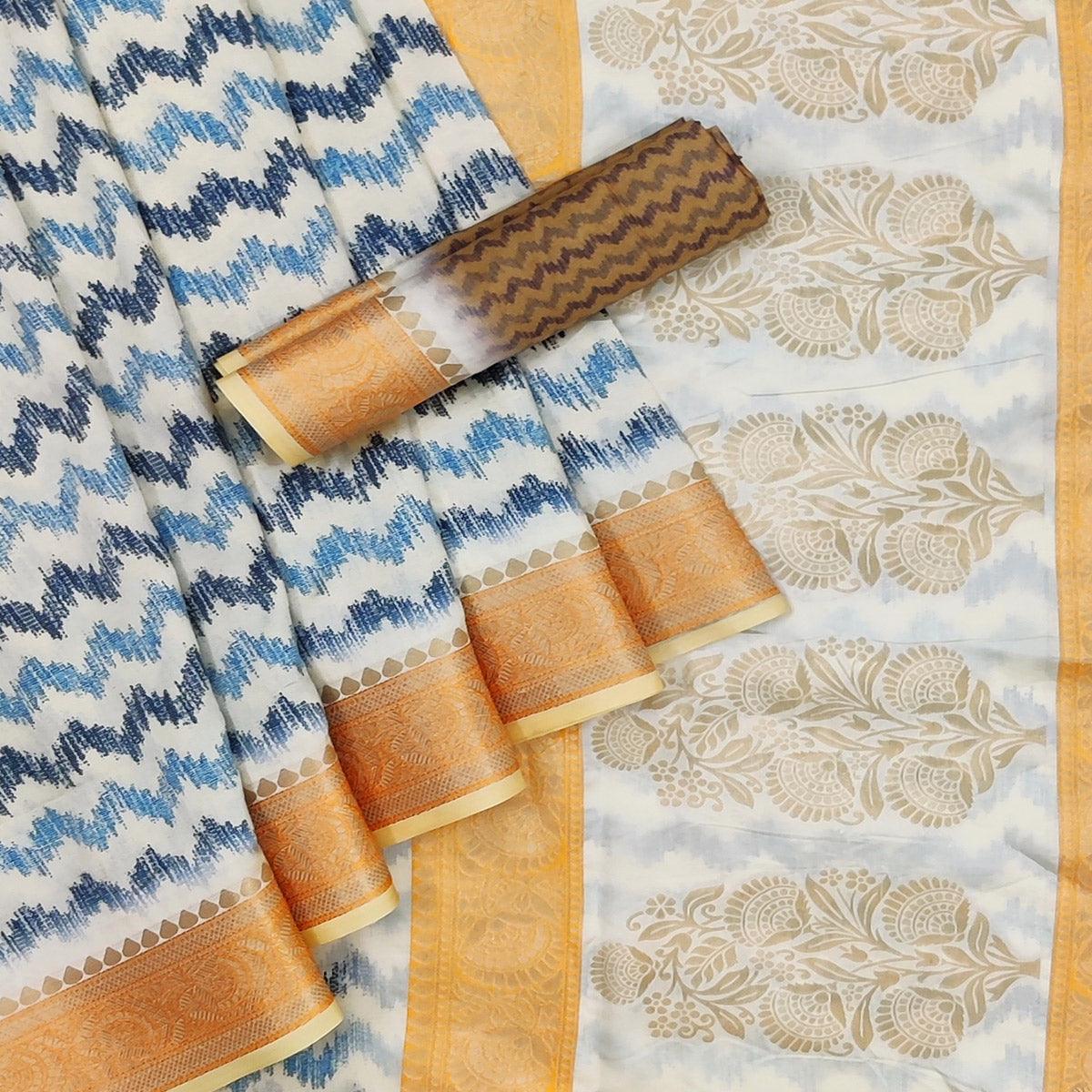 White Festive Wear Woven With Digital Printed Silk Saree - Peachmode