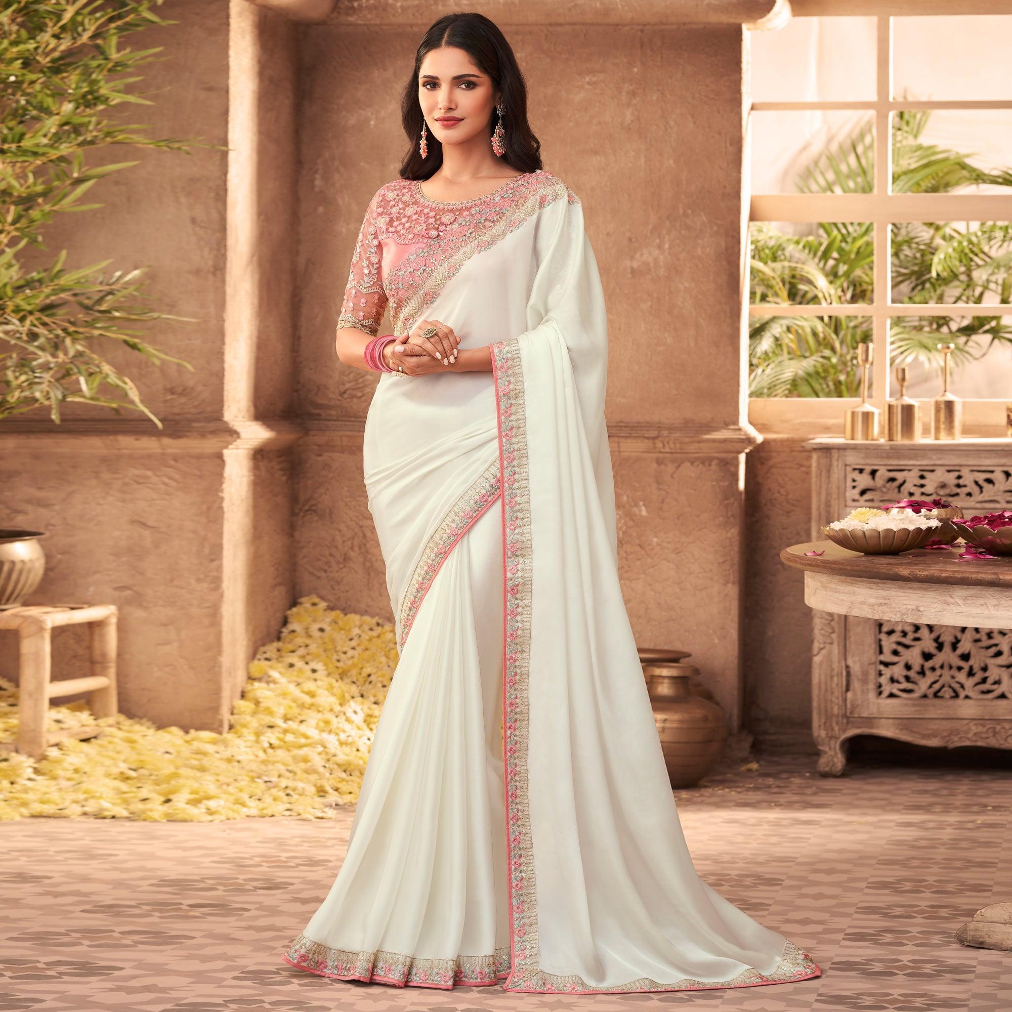 White Floral Embroidered Art Silk Saree - Peachmode