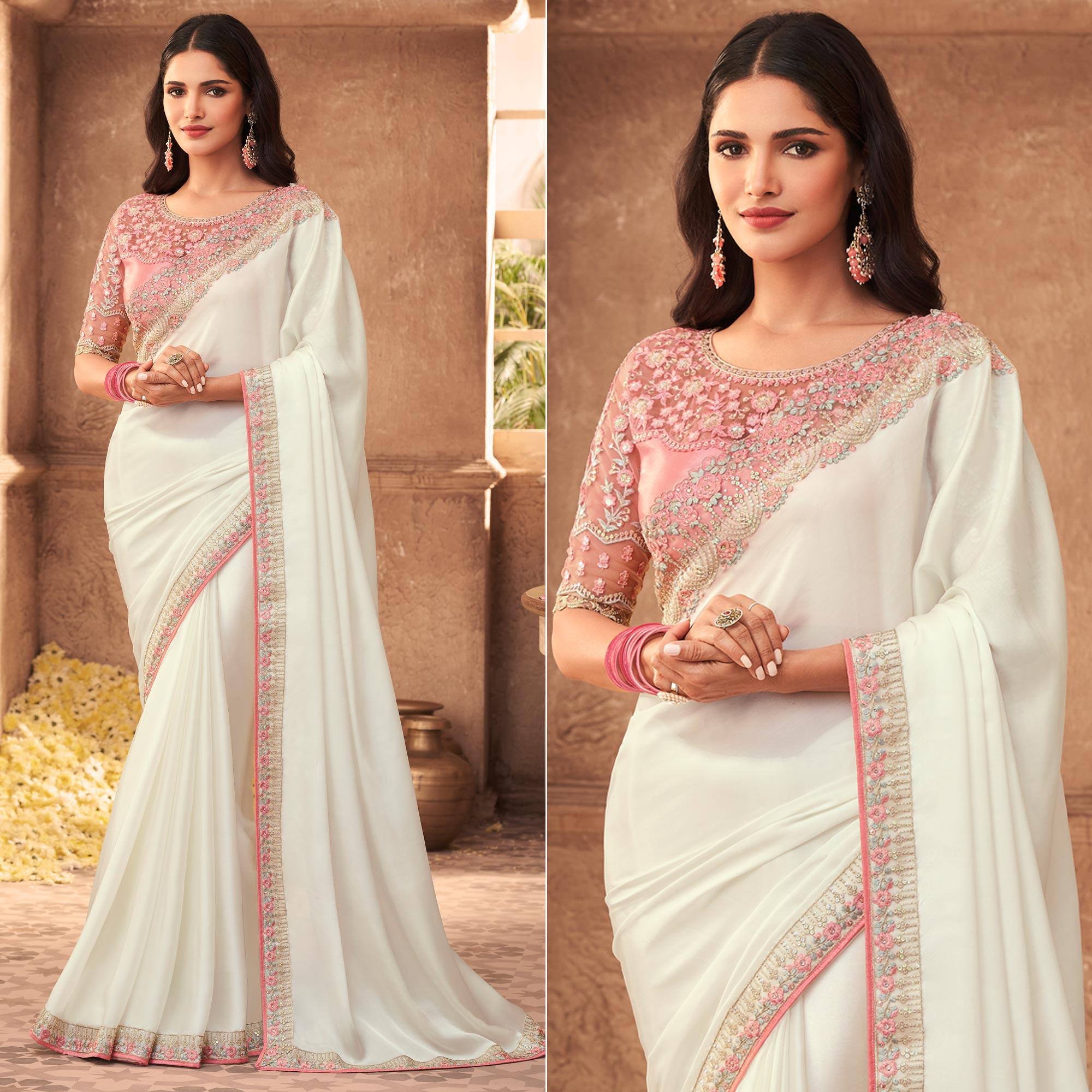 White Floral Embroidered Art Silk Saree - Peachmode