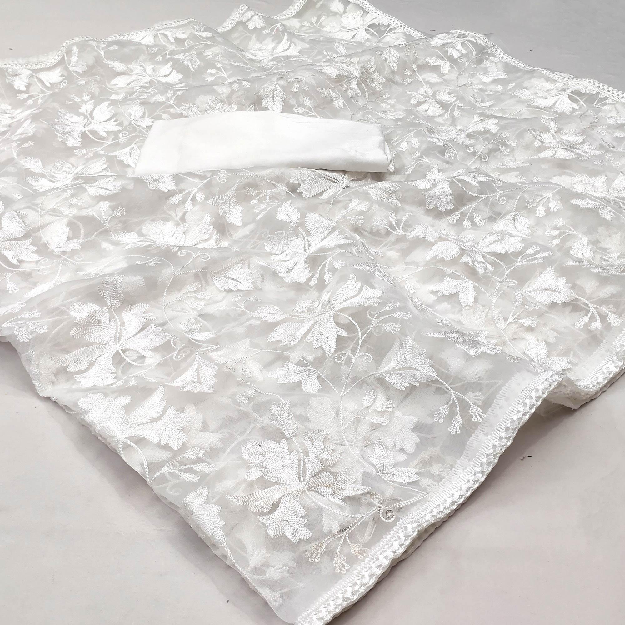 White Floral Embroidered Organza Saree - Peachmode