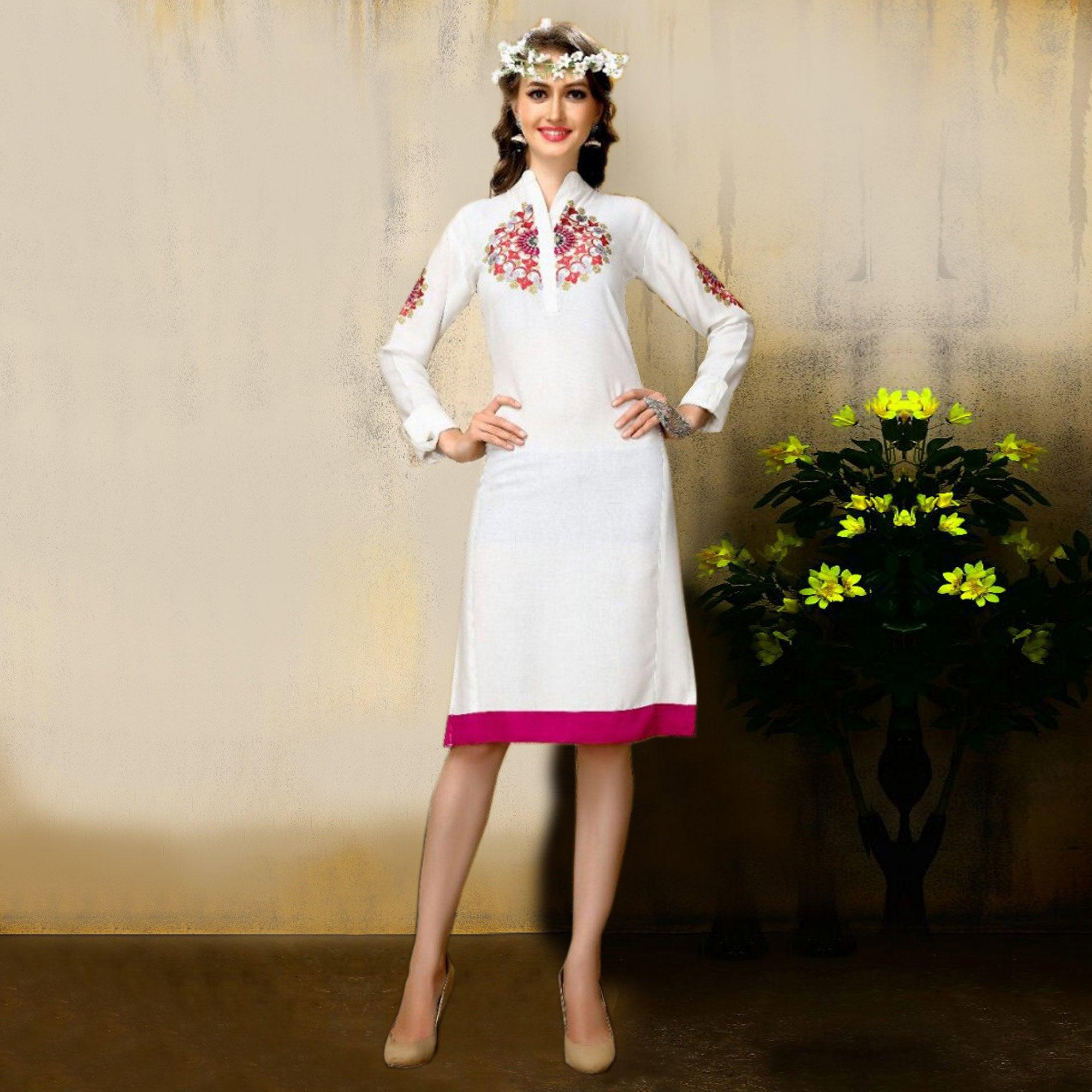 White Floral Embroidered Rayon Kurti - Peachmode