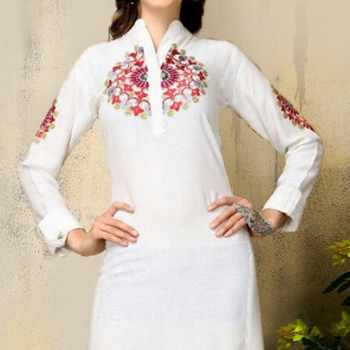 White Floral Embroidered Rayon Kurti - Peachmode