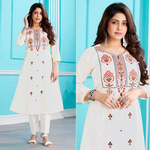 White Floral Embroidered Viscose Kurti - Peachmode