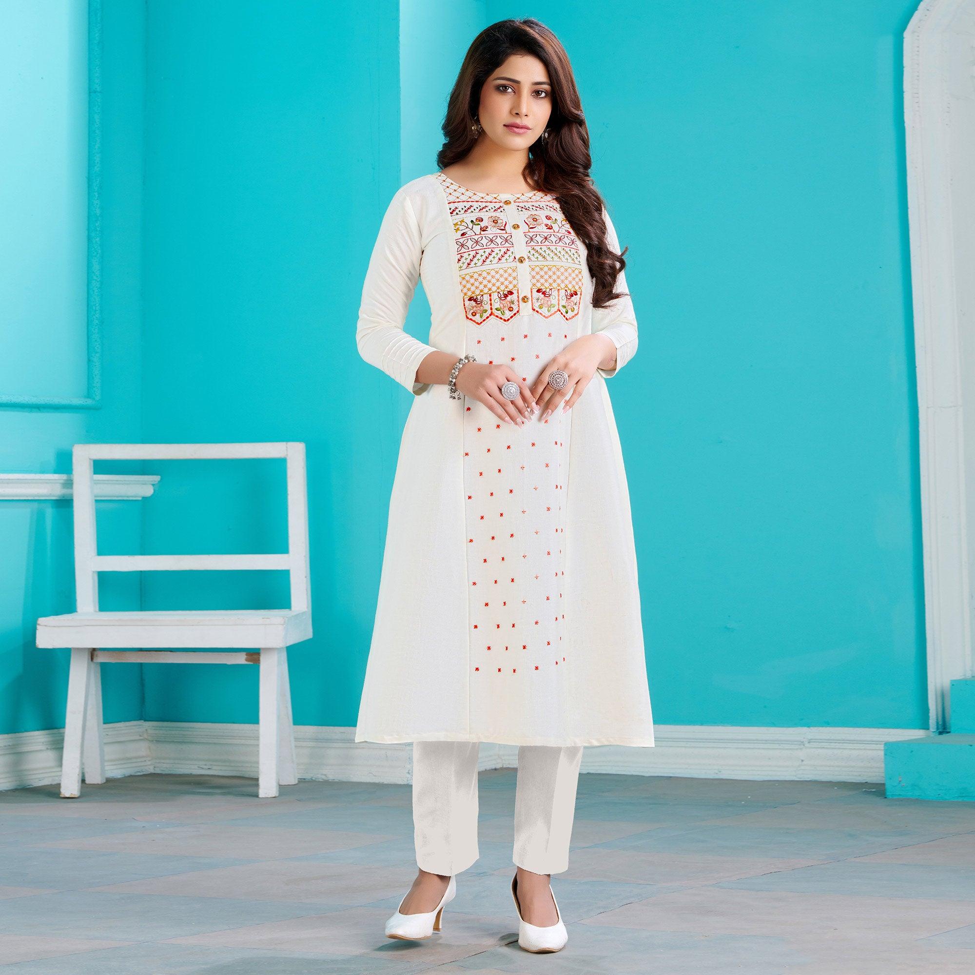 White Floral Embroidered Viscose Kurti - Peachmode