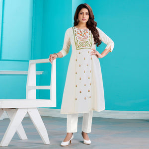 White Floral Embroidered Viscose Kurti - Peachmode