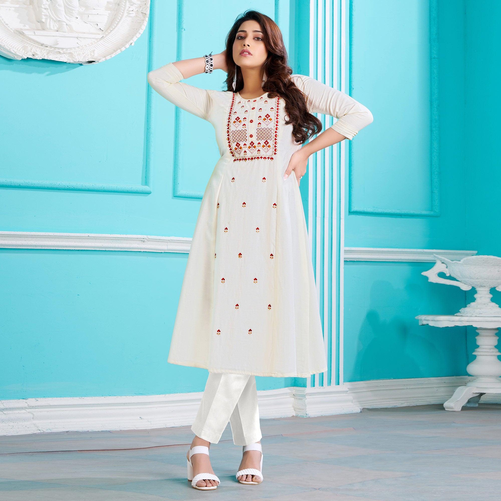 White Floral Embroidered Viscose Kurti - Peachmode