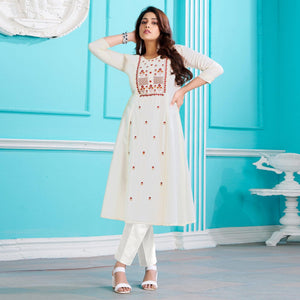 White Floral Embroidered Viscose Kurti - Peachmode