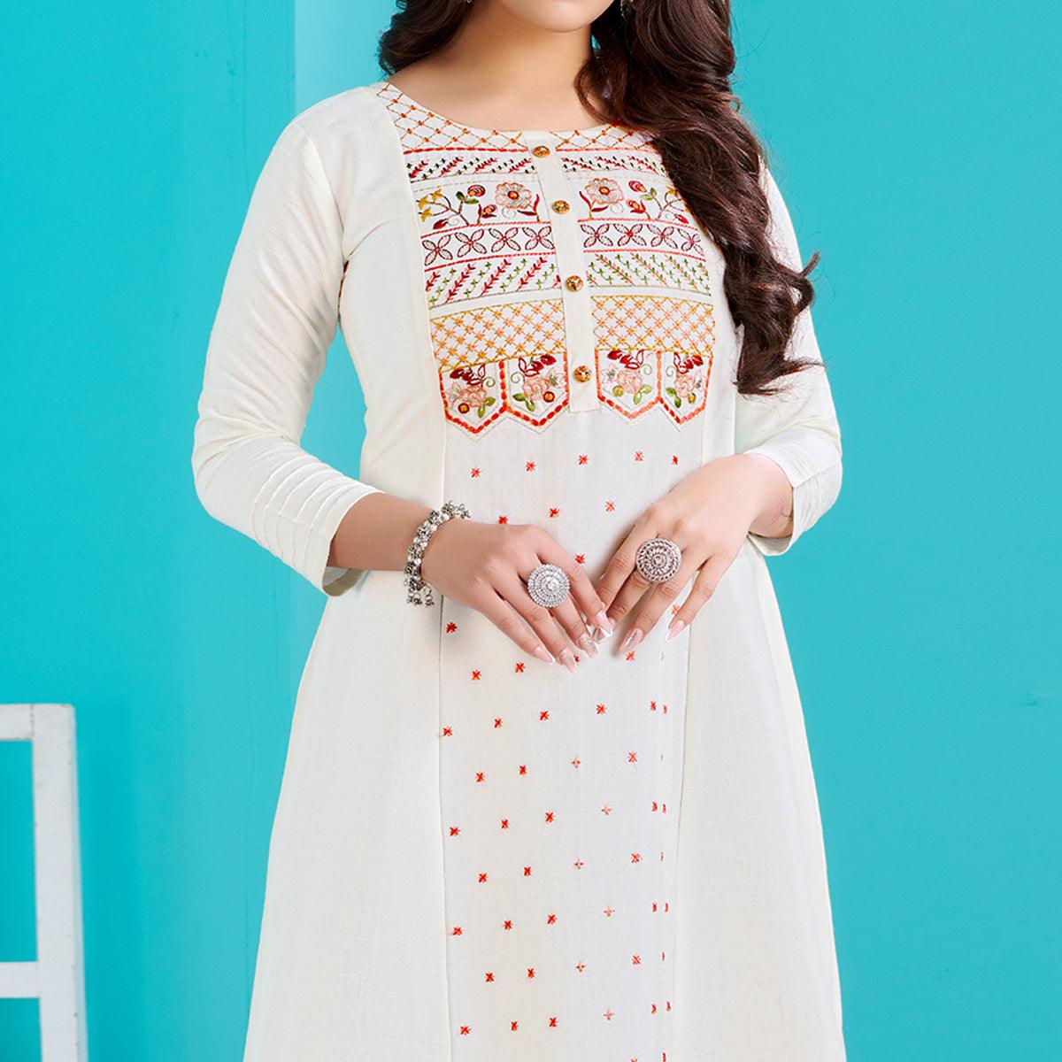 White Floral Embroidered Viscose Kurti - Peachmode