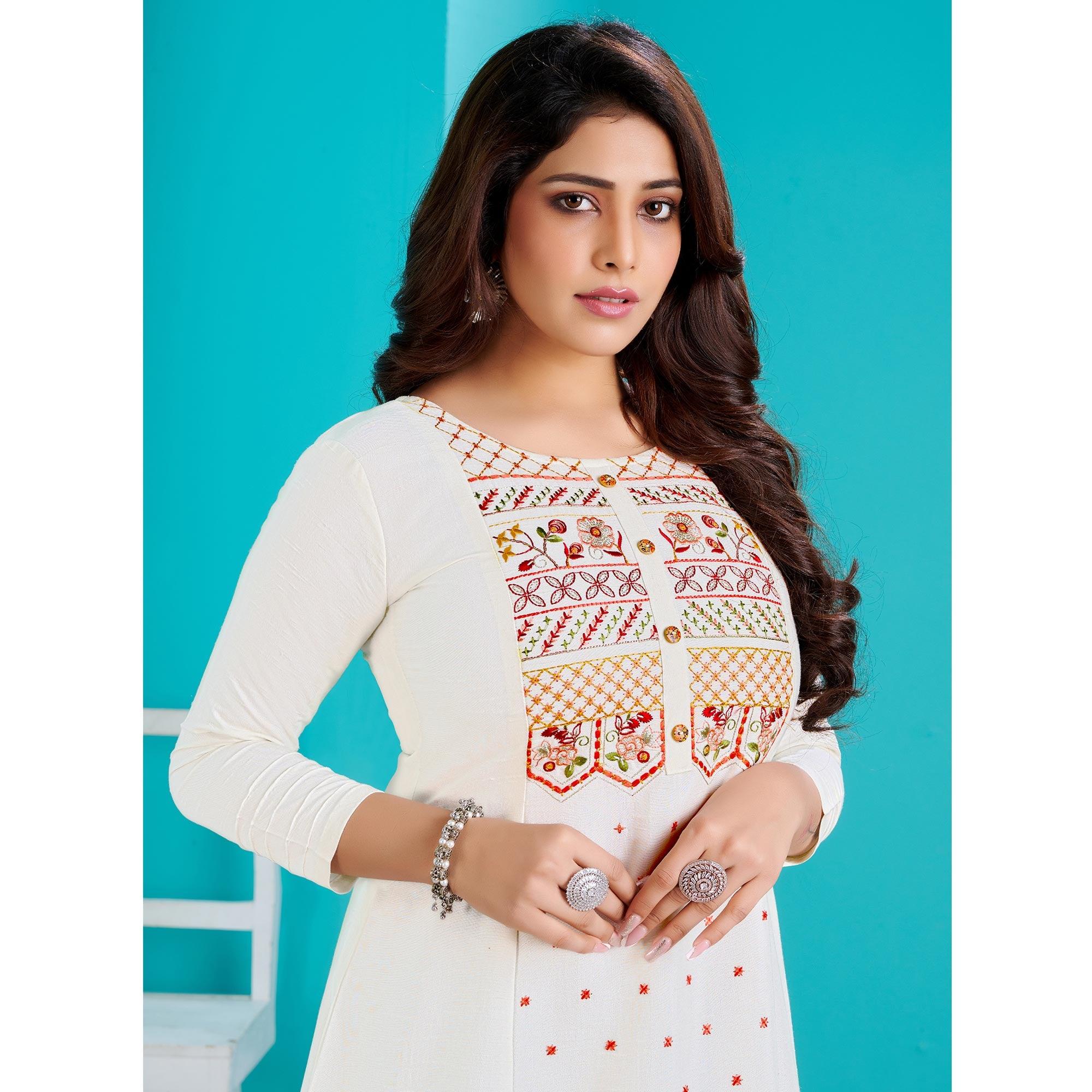 White Floral Embroidered Viscose Kurti - Peachmode