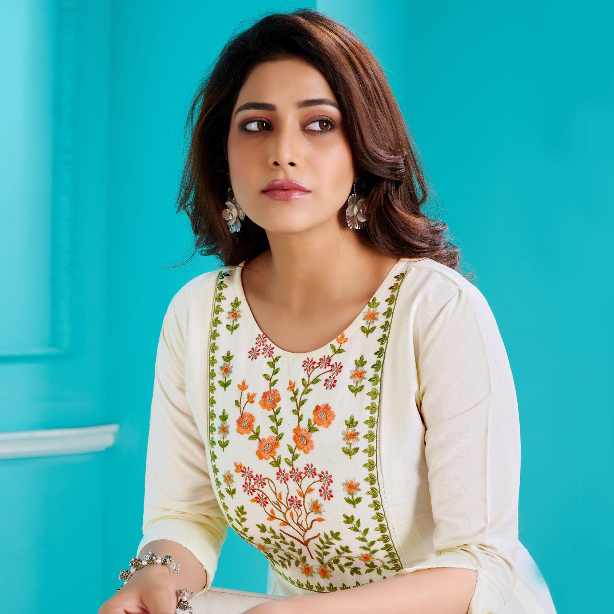 White Floral Embroidered Viscose Kurti - Peachmode