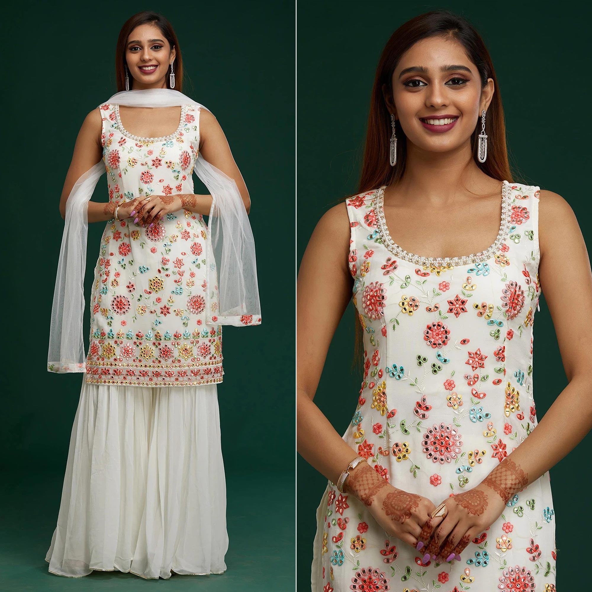 White Floral Embroidered With Mirror Work Georgette Sharara Suit - Peachmode
