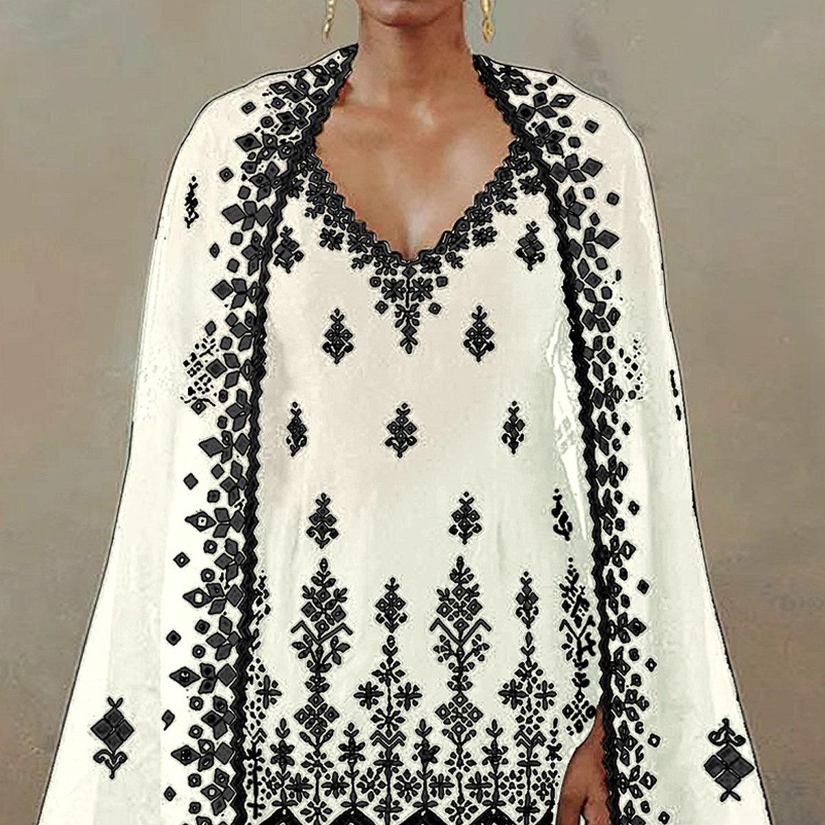 White Floral Embroidered With Mirror Work Georgette Sharara Suit - Peachmode