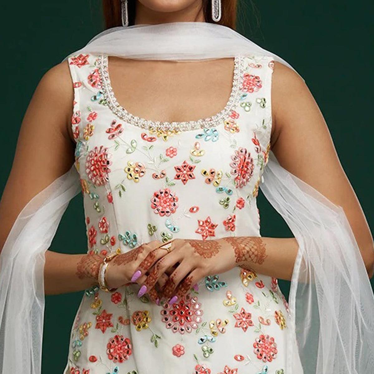 White Floral Embroidered With Mirror Work Georgette Sharara Suit - Peachmode