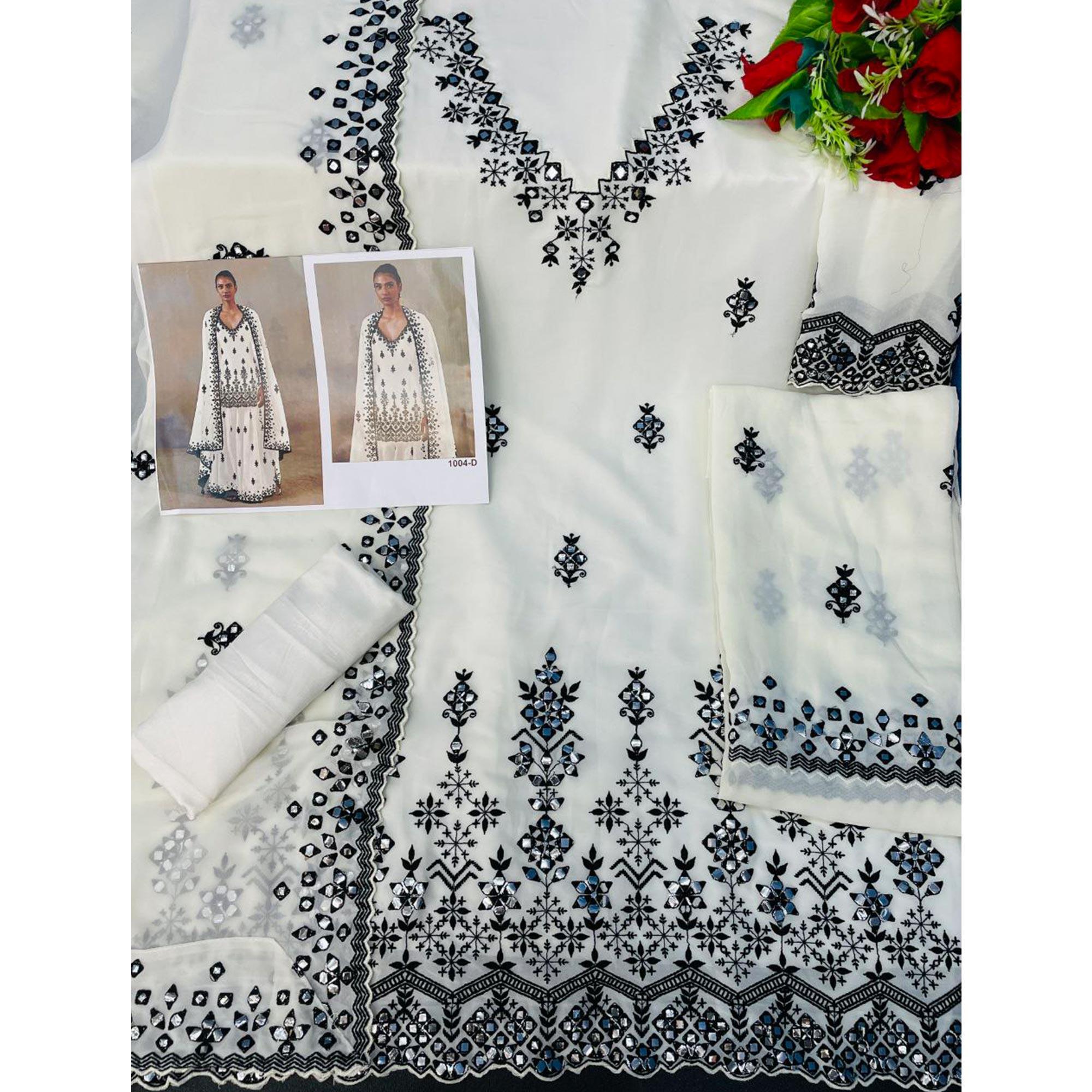 White Floral Embroidered With Mirror Work Georgette Sharara Suit - Peachmode