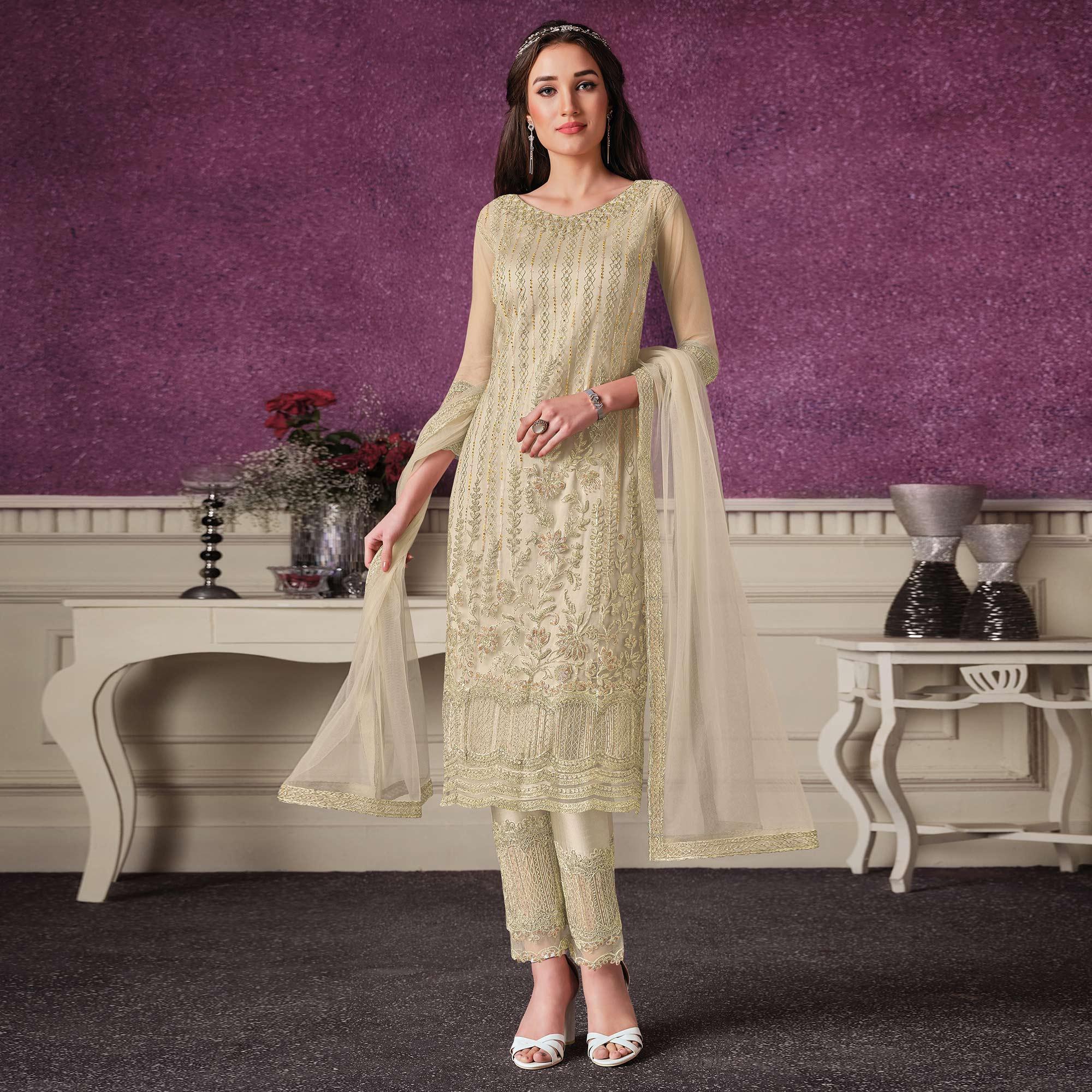 White Floral Embroidery Designer Heavy Butterfly Net Partywear Suit - Peachmode