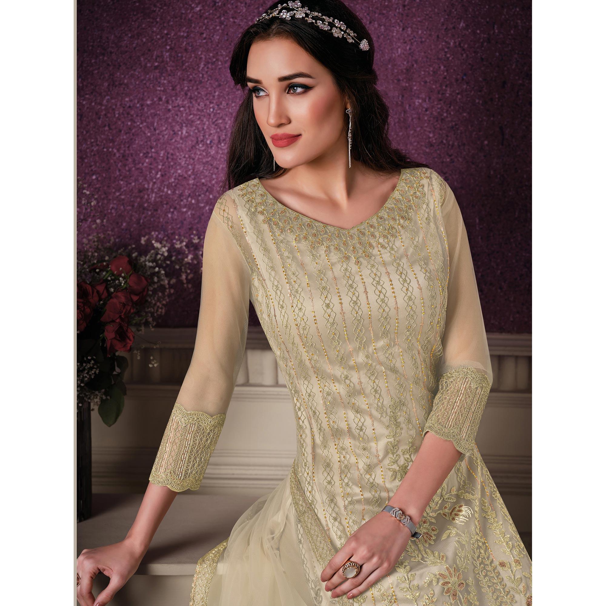 White Floral Embroidery Designer Heavy Butterfly Net Partywear Suit - Peachmode