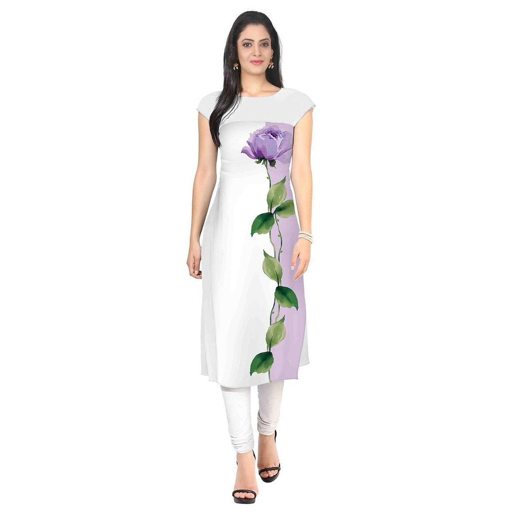 White Floral Printed Crepe Kurti - Peachmode