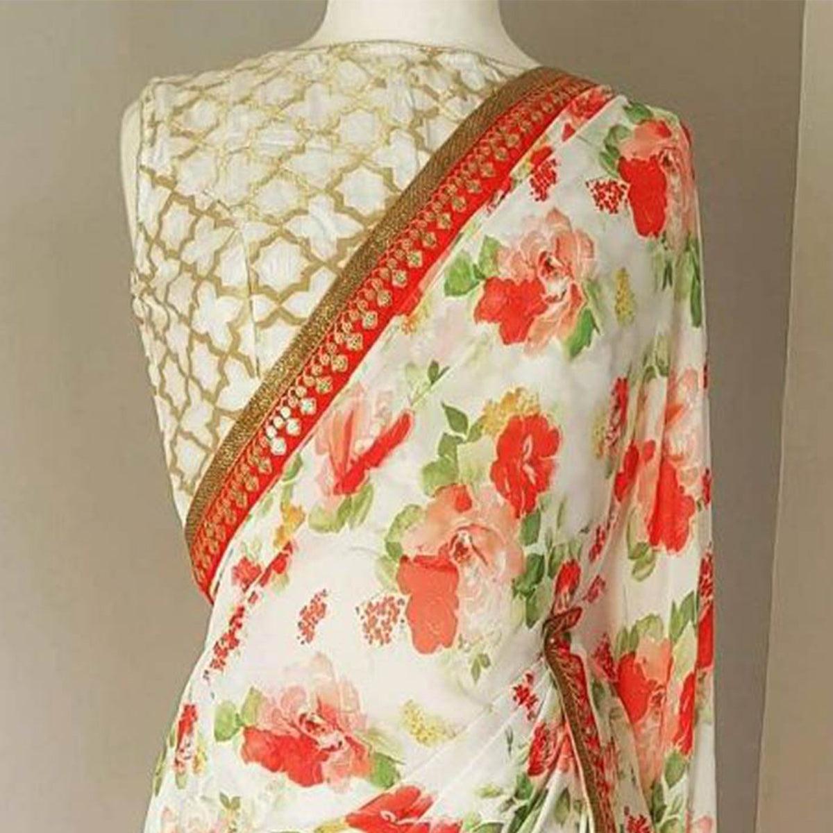 White Floral Printed Georgette Saree - Peachmode