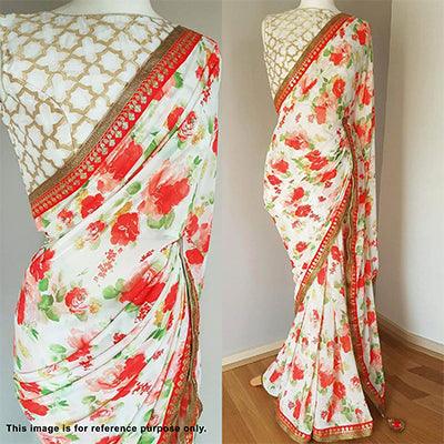 White Floral Printed Georgette Saree - Peachmode