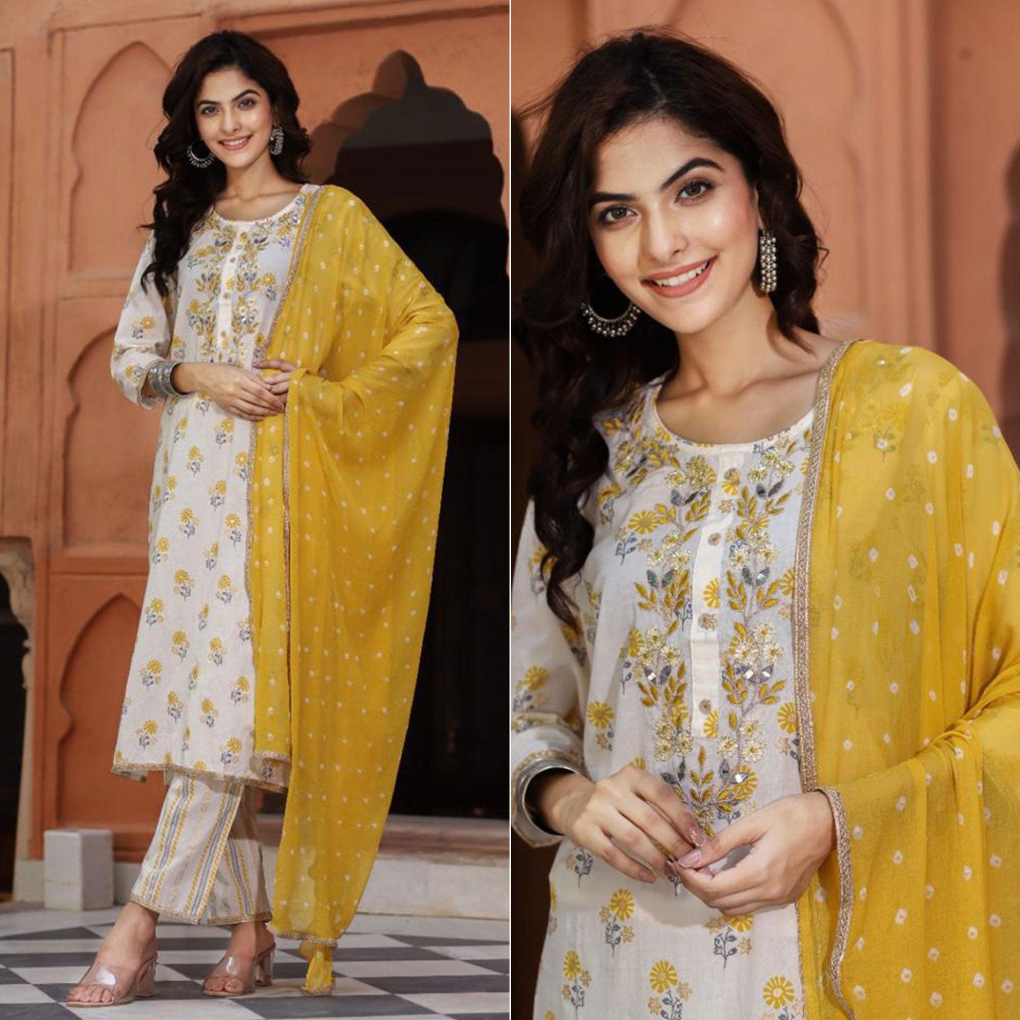 White Floral Printed Pure Cotton Kurti Pant Set With Dupatta - Peachmode