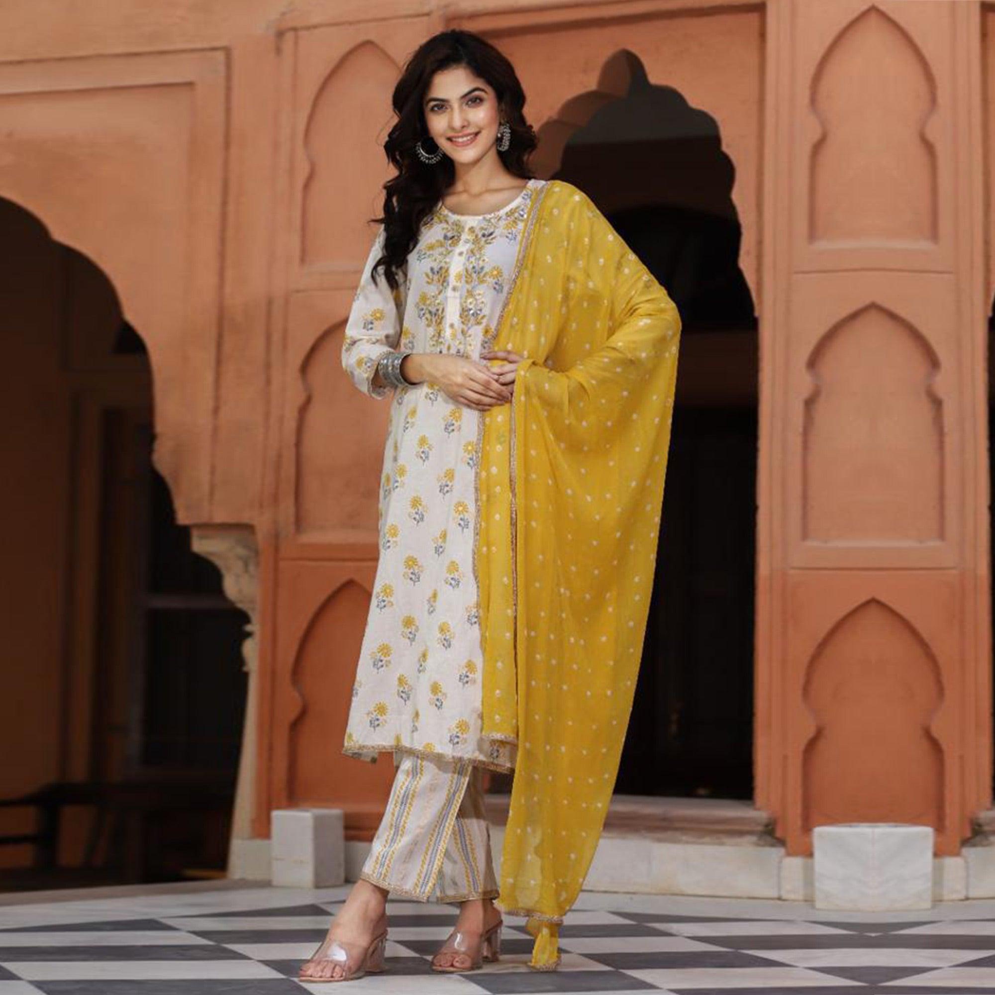 White Floral Printed Pure Cotton Kurti Pant Set With Dupatta - Peachmode