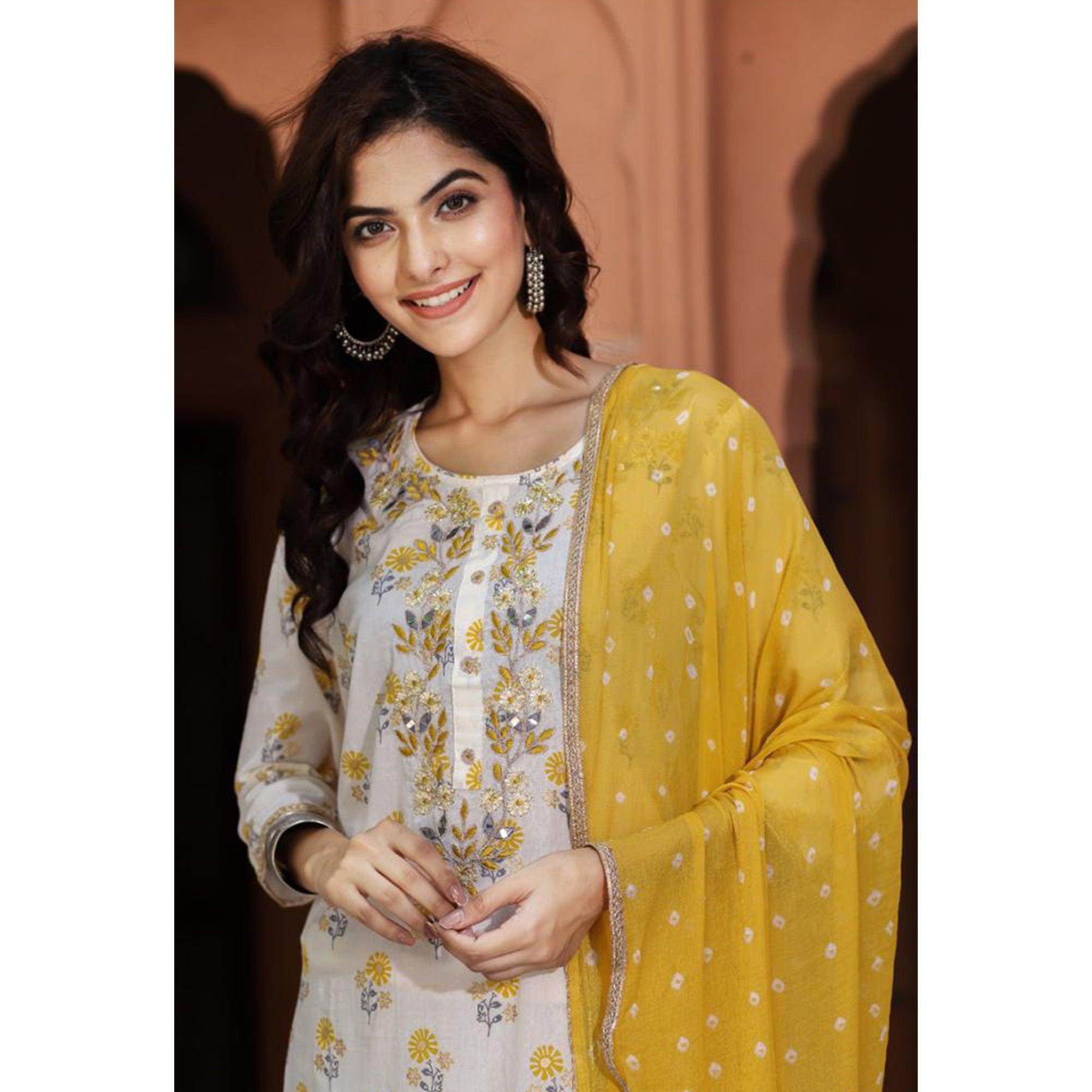 White Floral Printed Pure Cotton Kurti Pant Set With Dupatta - Peachmode