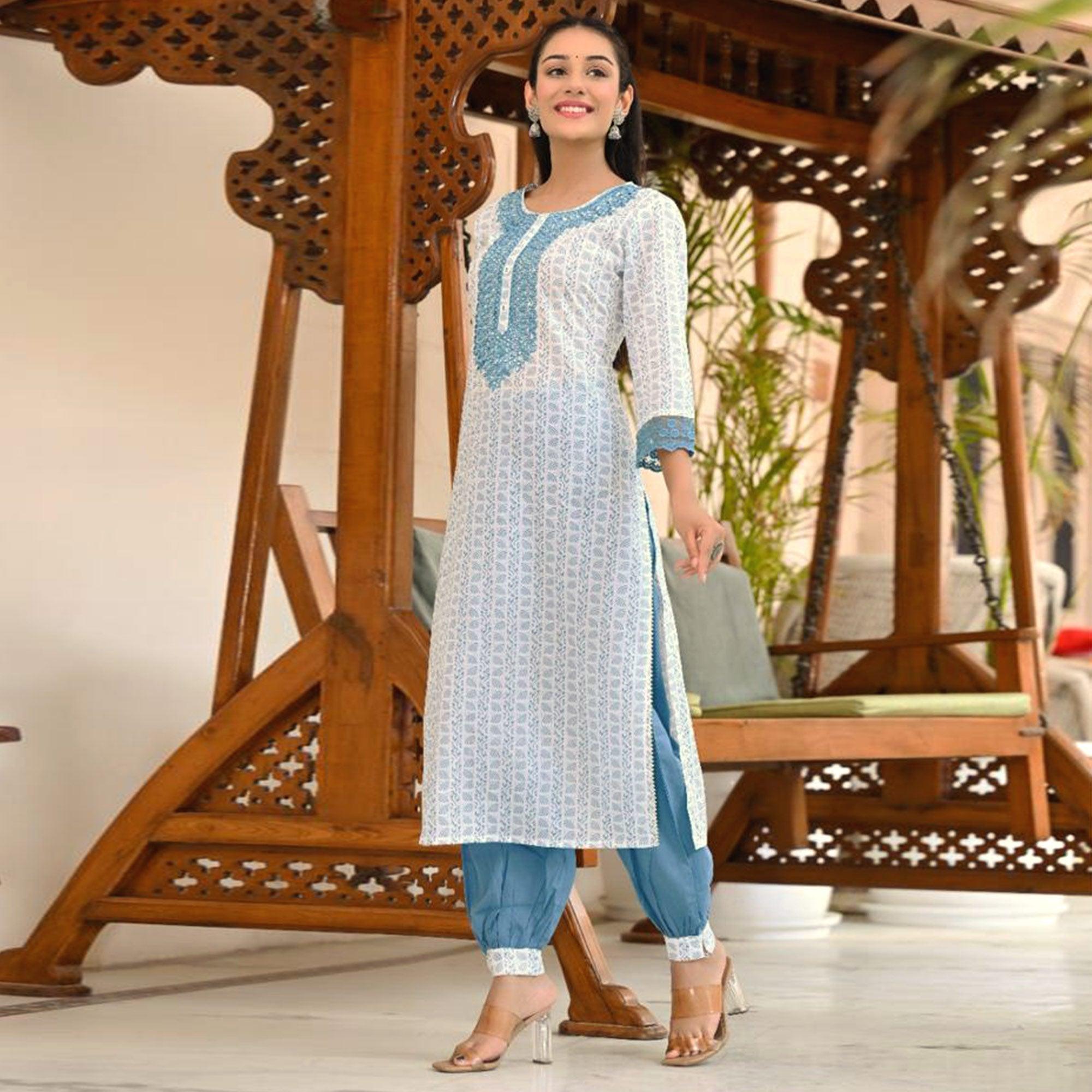 White Floral Printed With Embroidered Pure Cotton Kurti Pant Set With Dupatta - Peachmode