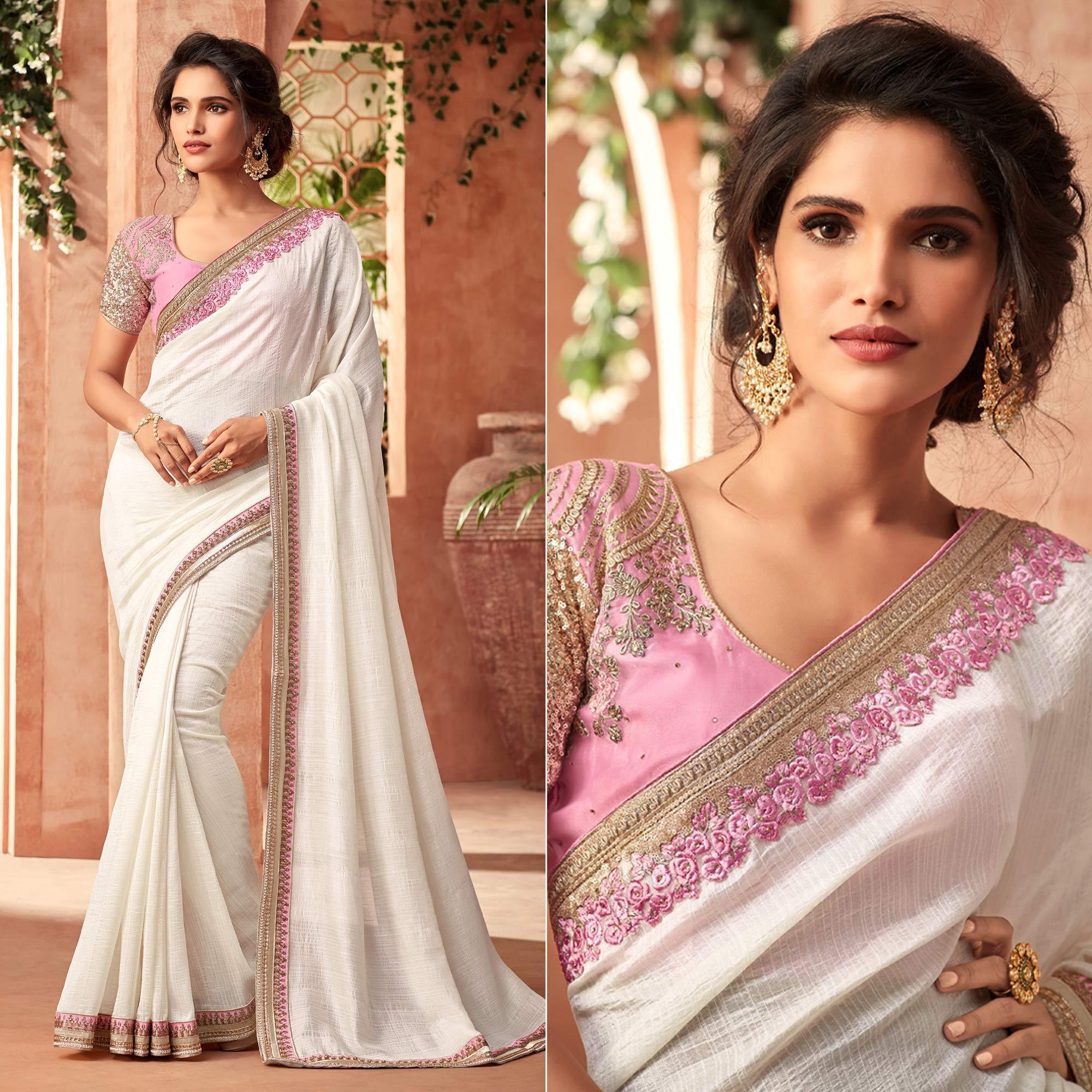 White Floral Sequence Embroidered Georgette Saree - Peachmode