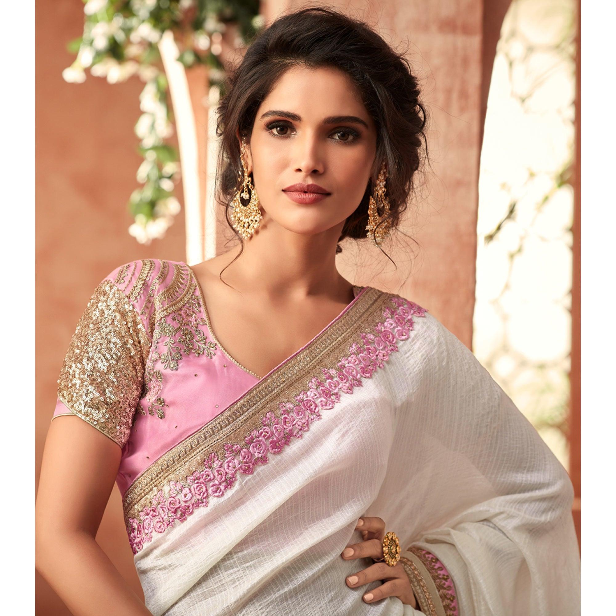 White Floral Sequence Embroidered Georgette Saree - Peachmode