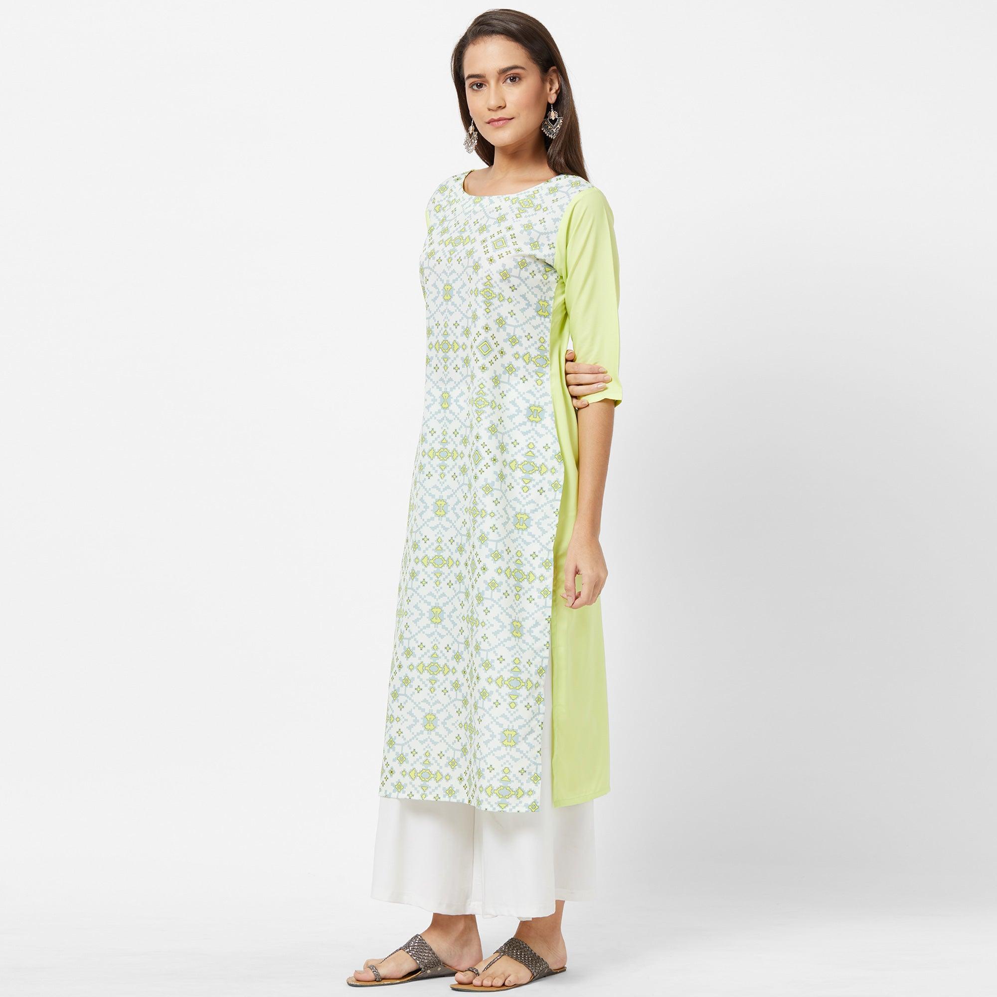 White Geometric Printed Crepe Kurti - Peachmode